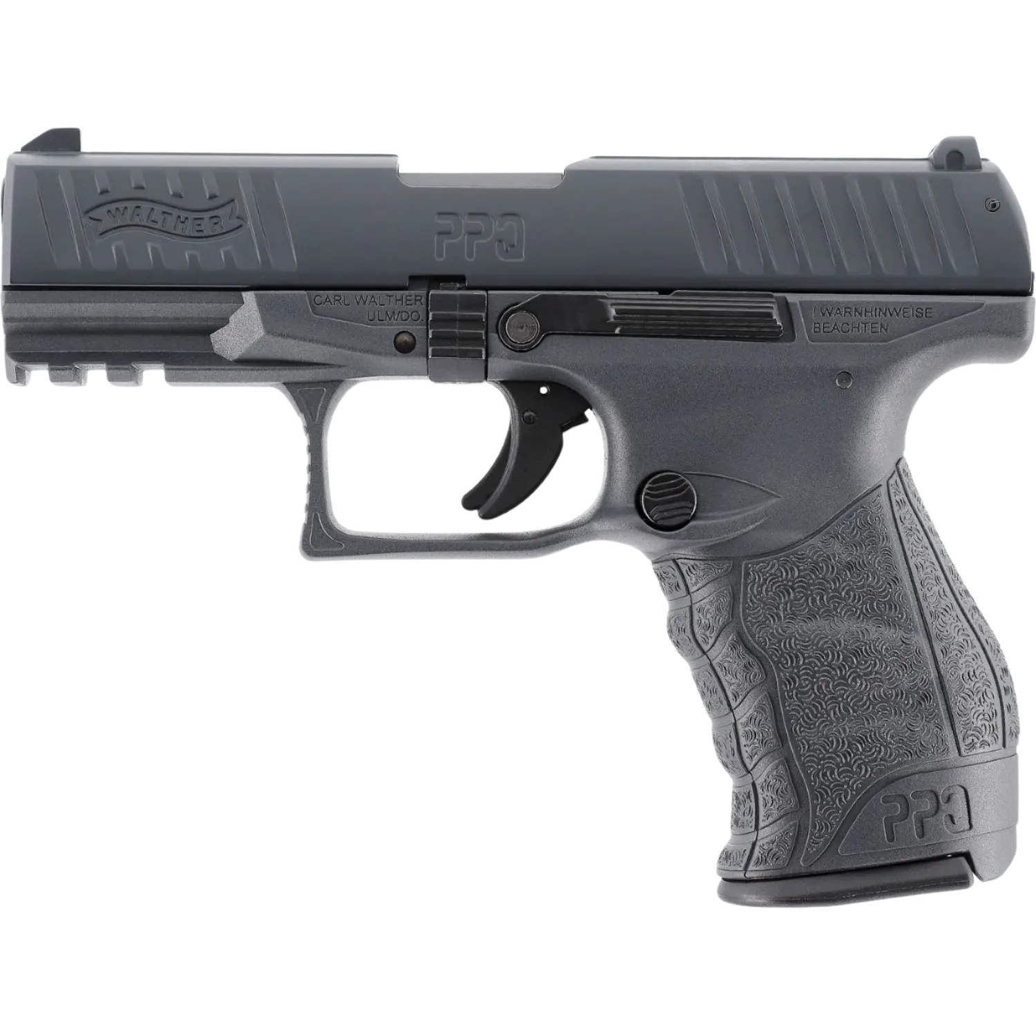 Schreckschusswaffe Walther PPQ M2 9mm, linke Seitenansicht, schwarzer Griff mit Muster, Abzug und Lauf sichtbar, Beschriftungen 'WALTHER', 'PPQ' und 'CARL WALTHER ULM/DO' auf dem Gehäuse.