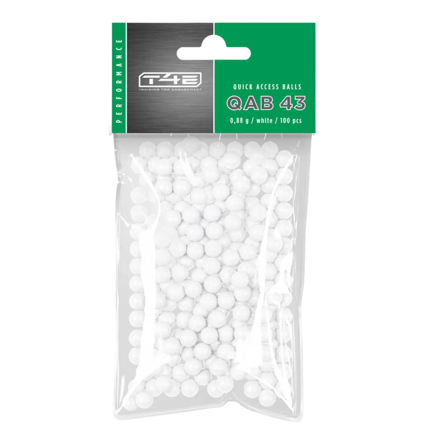 T4E Performance QAB43 Polymerkugeln 100 Schuss Kaliber .43 weiße Polymer Kugeln für RAM-Waffen Kaliber 43. In einer dursichtigen Tüte mit grün schwarzem Schild