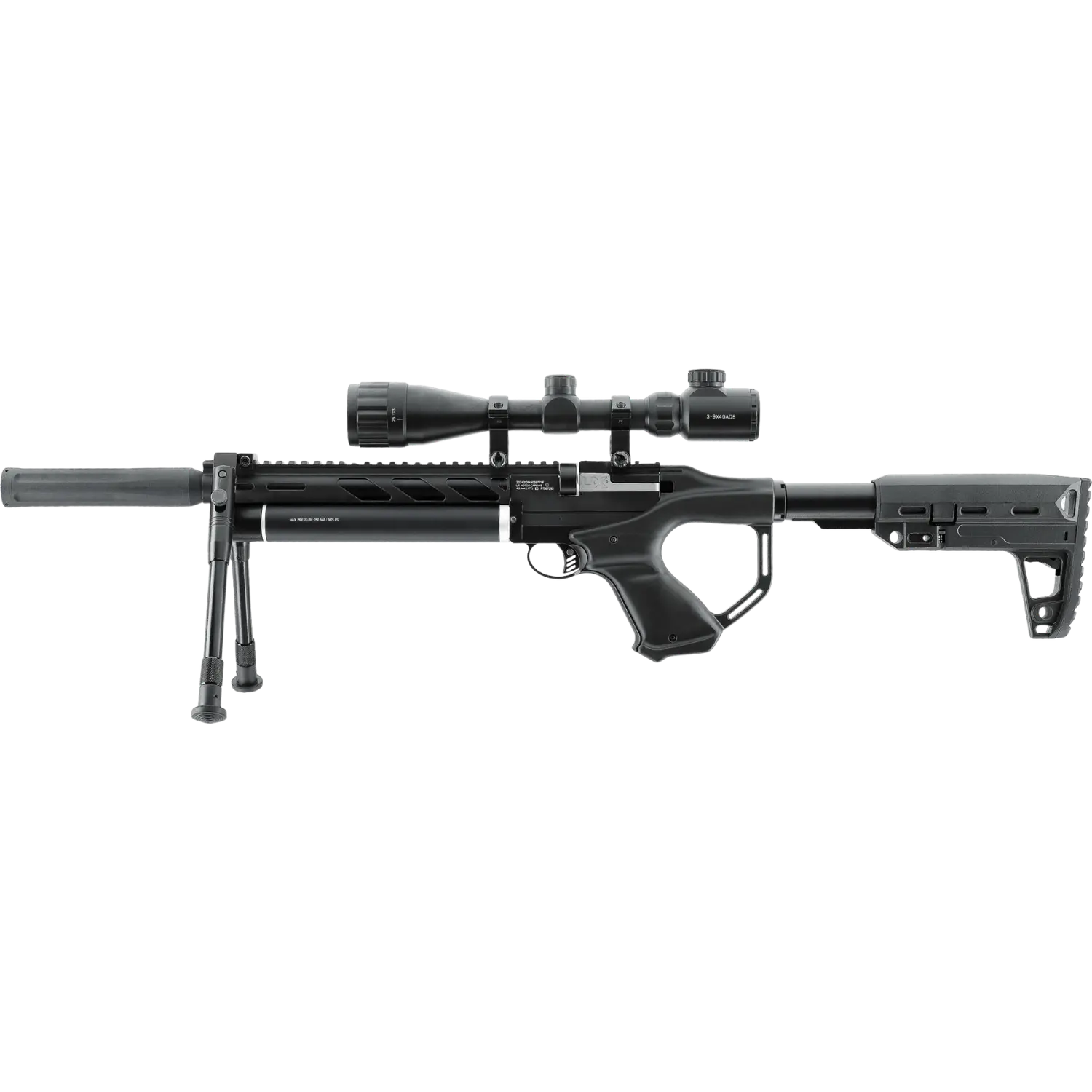 Schwarzes Umarex UX Notos Carabine Kit Pressluftgewehr mit Zielfernrohr, Zweibein und verstellbarem Schaft.