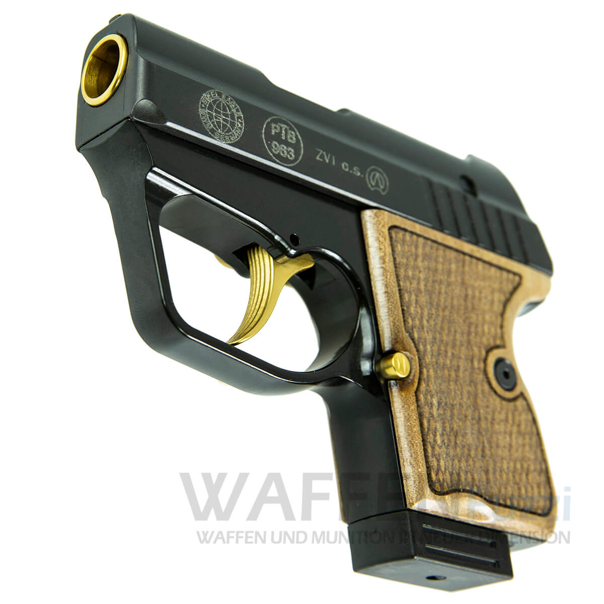 goldene-kleine-Pistole-aus-Metall PTB zugelassene Stahl Pistole Kaliber 9mm PAK