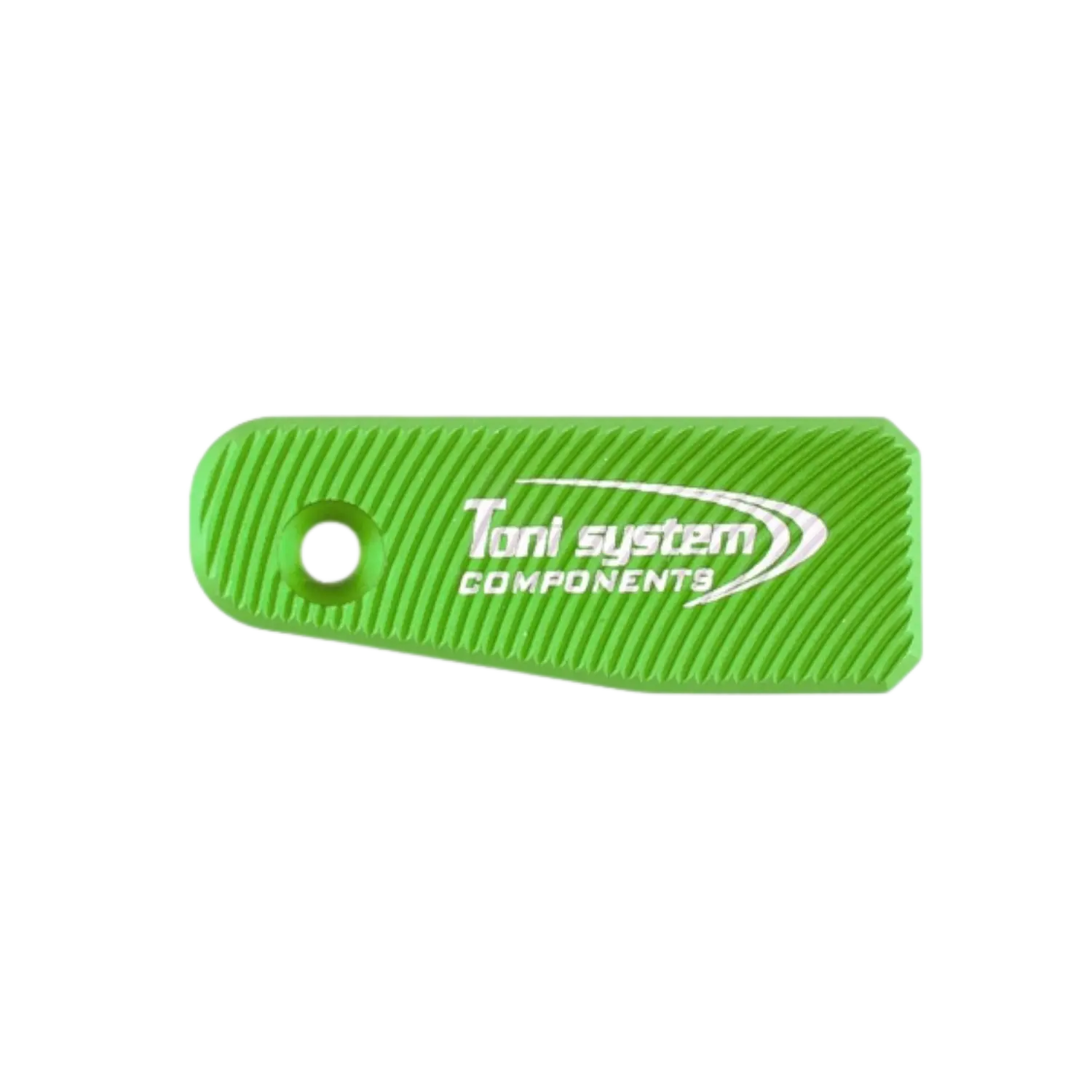 Grüner Verschlussfangknopf mit diagonalen Rillen und weißer Aufschrift 'Toni system COMPONENTS', links ein rundes Loch.