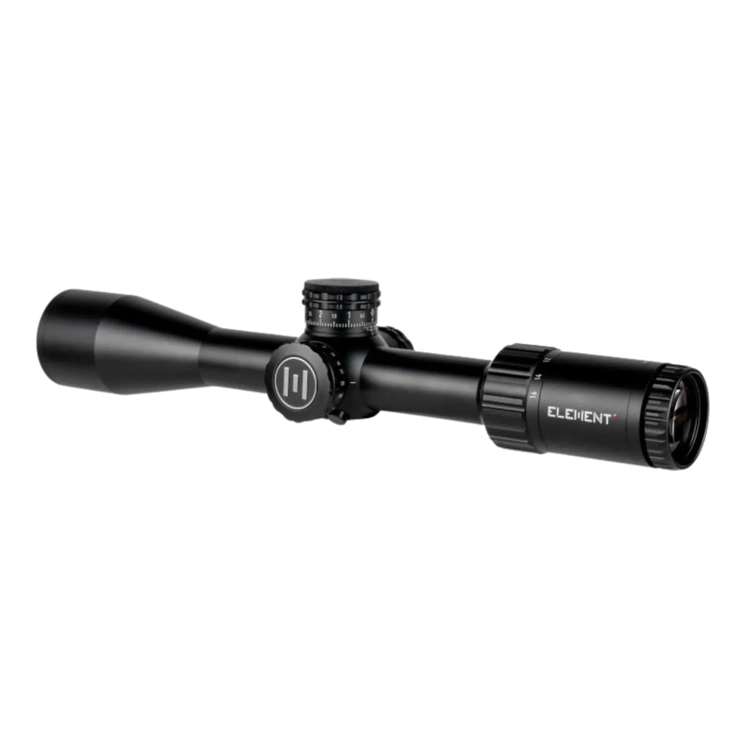 Schwarzes Zielfernrohr Element Optics Helix Gen2 4-16x44 mit Einstelltürmen und verstellbarem Okular. Ansicht schräg seitlich.