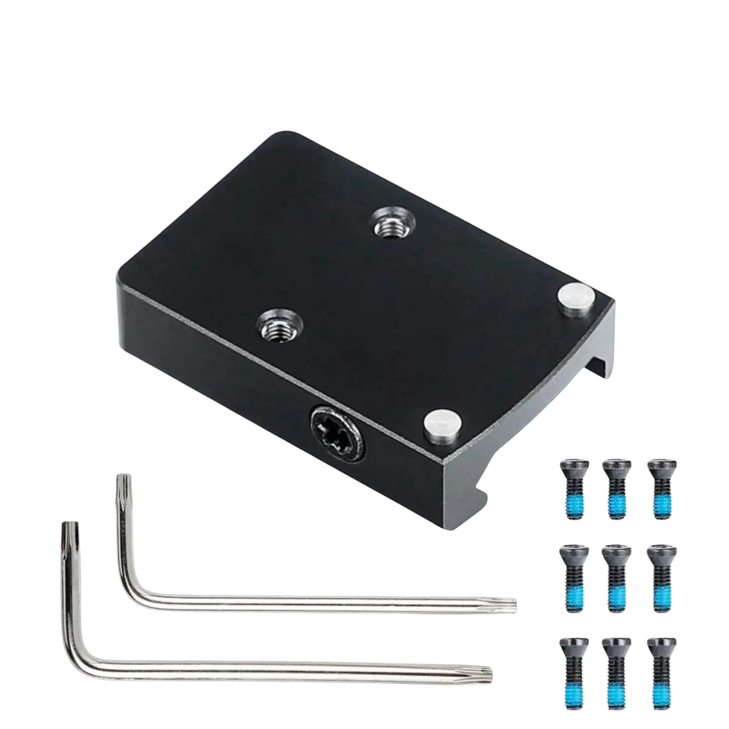 Schwarze Holosun Picatinny-Montage mit RMR-Fußabdruck, zwei Inbusschlüssel und mehrere Schrauben mit blauer Sicherungsfarbe