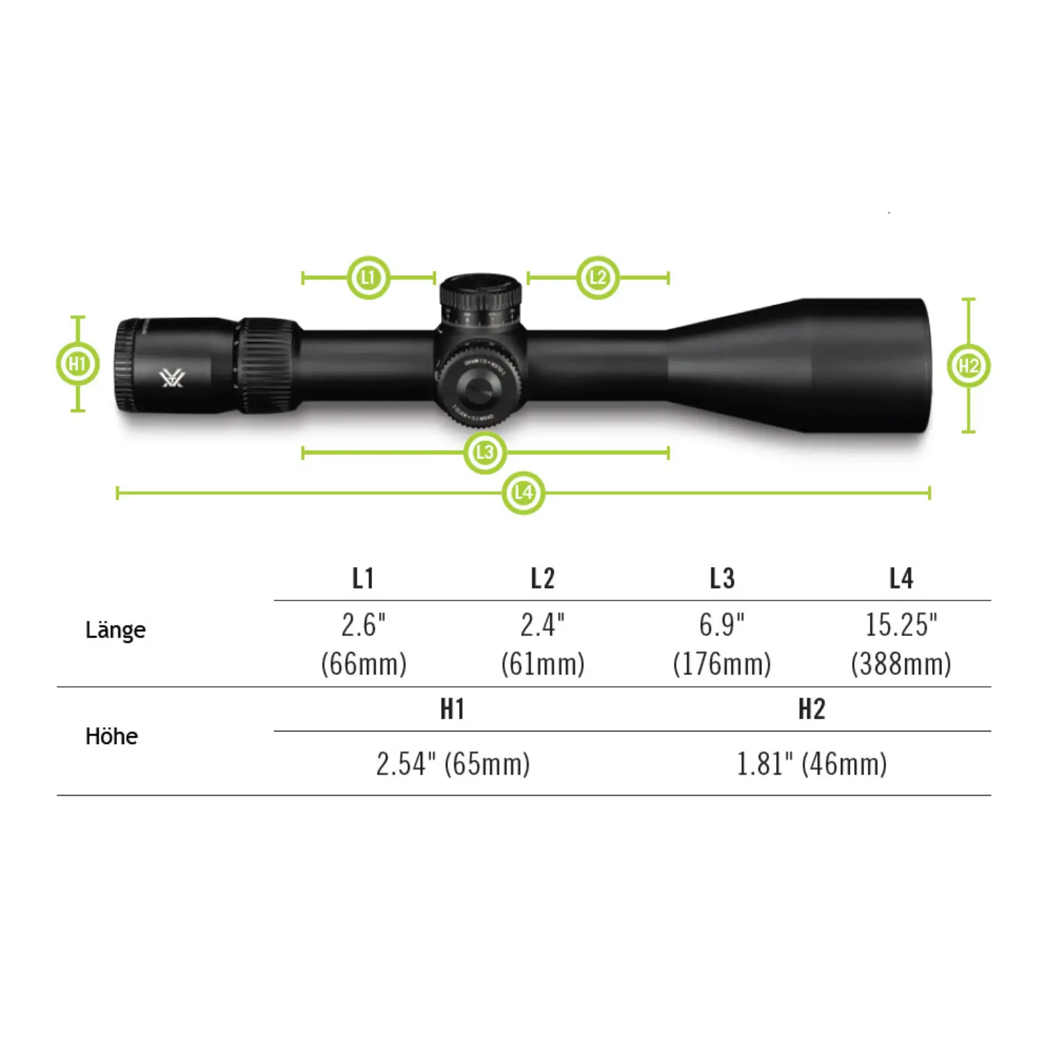 Vortex Zielfernrohr Venom 5-25x56 mit Maßangaben: Länge 2.6" (66mm), 2.4" (61mm), 6.9" (176mm), 15.25" (388mm); Höhe 2.54" (65mm), 1.81" (46mm).