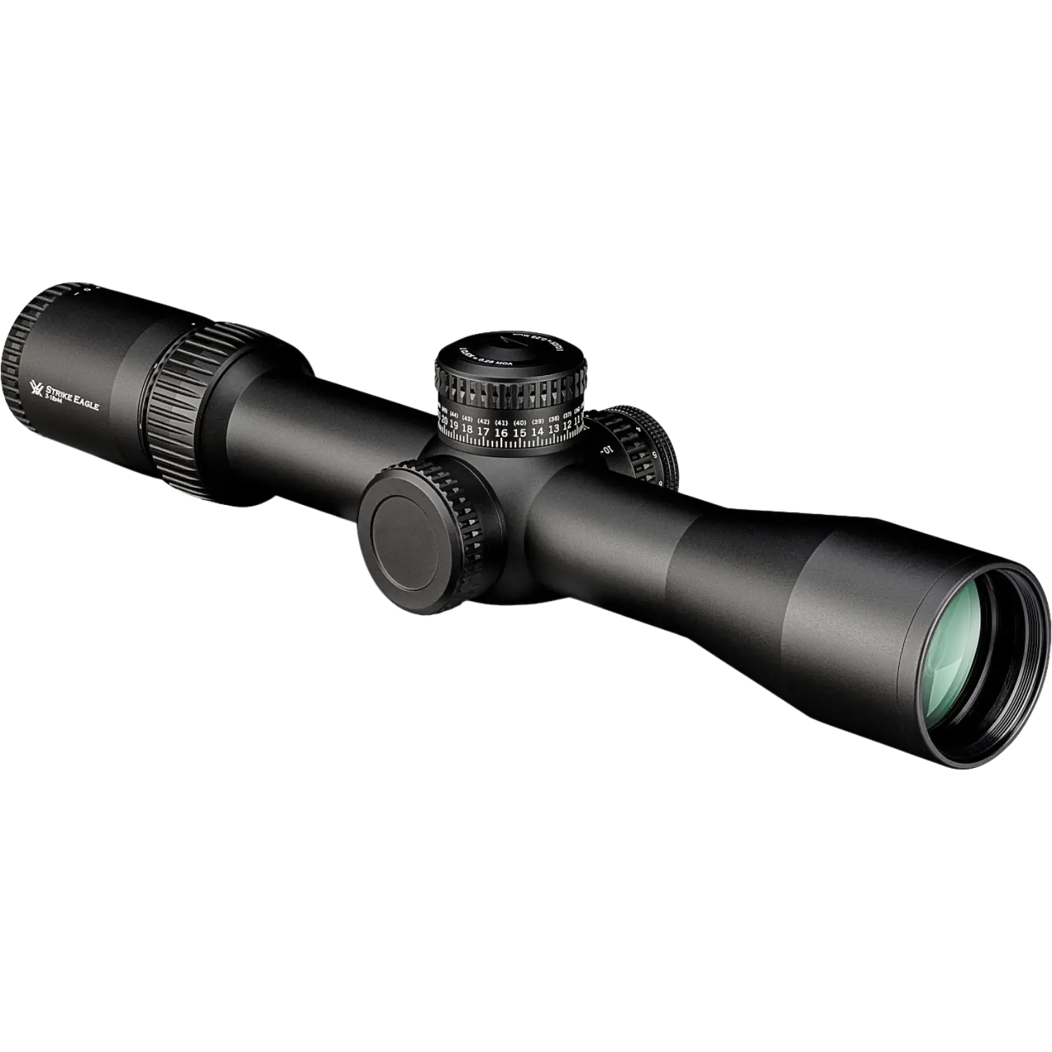 Vortex Strike Eagle Zielfernrohr 3-18x44 FFP EBR-7C MOA Vortex Strike Eagle Zielfernrohr 3-18x44 FFP EBR-7C MOA, schwarzes Gehäuse, verstellbare Turmknöpfe, länglicher Körper mit grünem Objektiv.