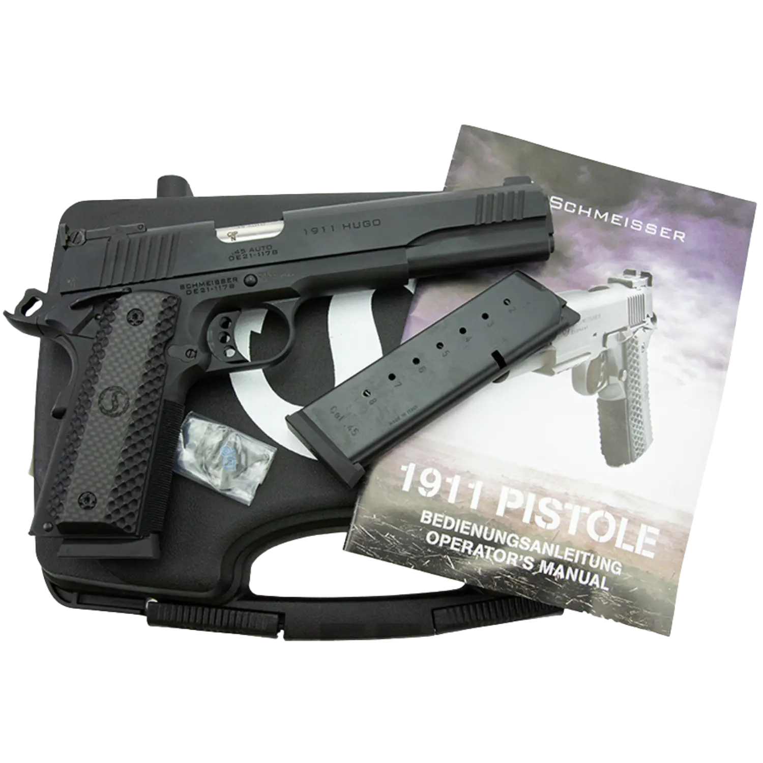Pistole Schmeisser Hugo 1911 Kaliber .45ACP 6 Zoll Schwarze Schmeiser Hugo .45Auto Pistole mit Magazin, Bedienungsanleitung '1911 PISTOLE BEDIENUNGSANLEITUNG OPERATOR'S MANUAL' und Kunststoffkoffer.