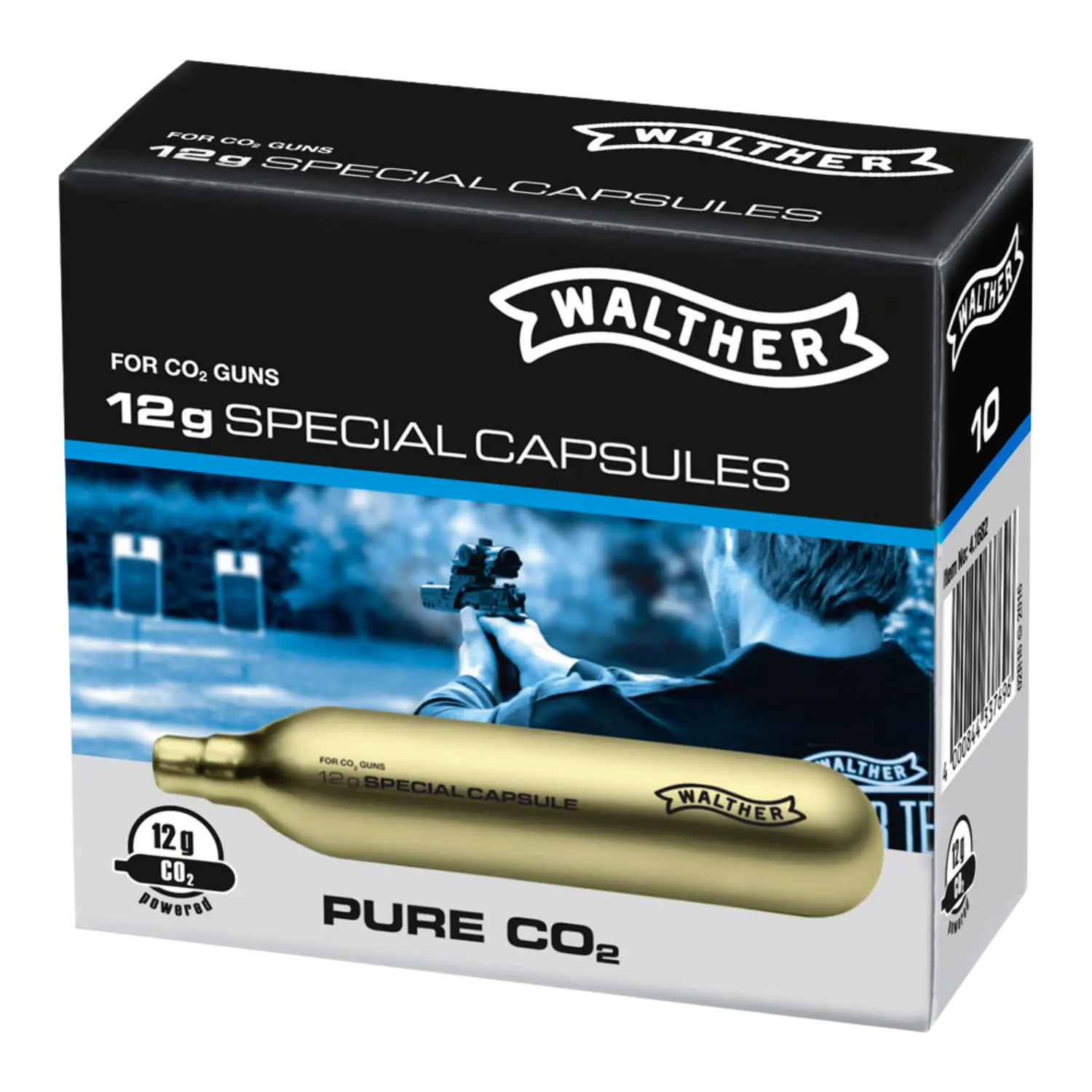 Verpackung mit einer goldfarbenen CO2-Kapsel, beschriftet mit 'WALTHER' und '12 g SPECIAL CAPSULE', für CO2-Waffen, auf der Verpackung ein Mann mit Gewehr im Hintergrund.