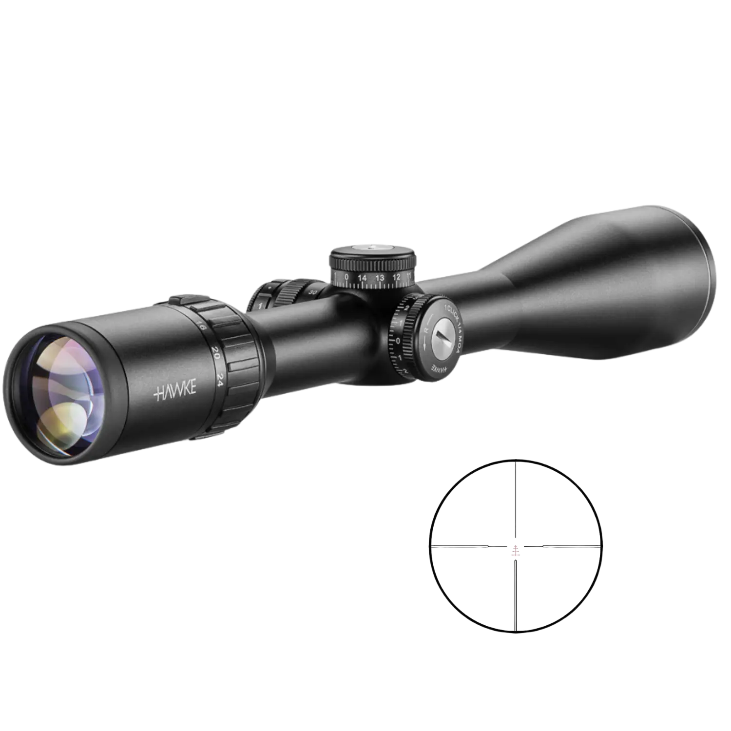 Schwarzes Zielfernrohr mit verstellbaren Türmen und großem Objektiv, daneben Leuchtabsehen mit Fadenkreuz und rotem Punkt in der Mitte.