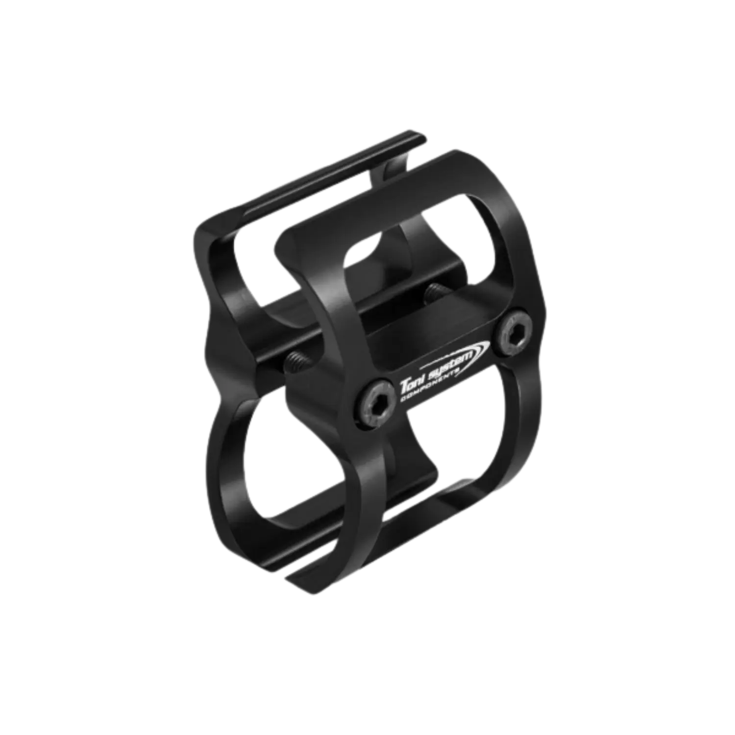 Schwarze Barrel Clamp aus Metall mit zwei Schrauben und rechteckiger Öffnung, sichtbares Logo 'Tool' auf der Seite.