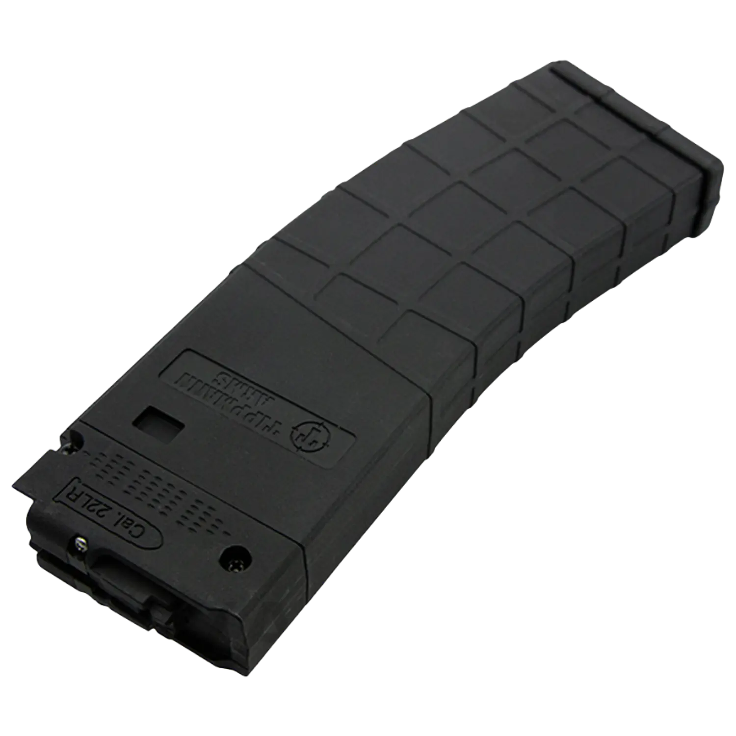 Schwarzes, gebogenes Magazin mit Rastermuster und der Aufschrift 'Cal 223/7' auf der Unterseite.