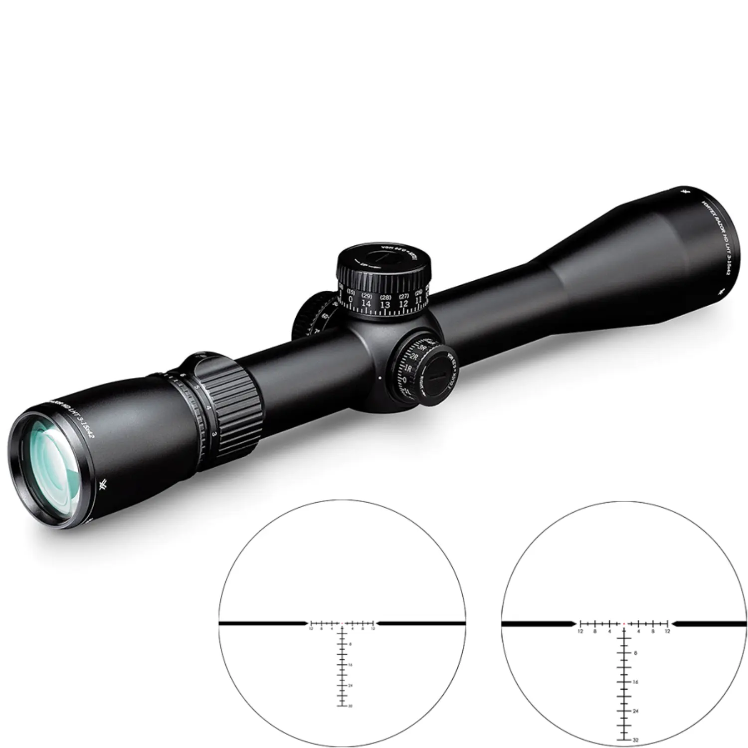 Schwarzes Zielfernrohr Vortex RZR-31501 mit Einstelltürmen und zwei Sichtfenstern, die unterschiedliche Fadenkreuzmuster zeigen.