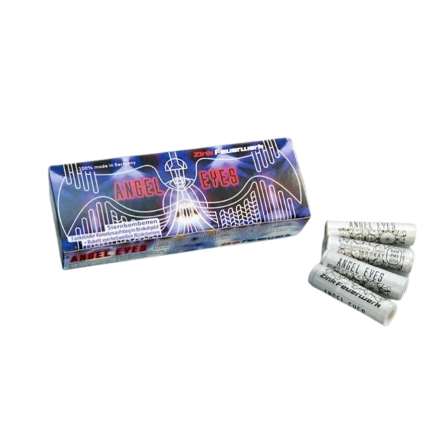 Packung mit der Aufschrift 'Angel Eyes' und vier weißen Zink Feuerwerkskörpern mit schwarzer Beschriftung.