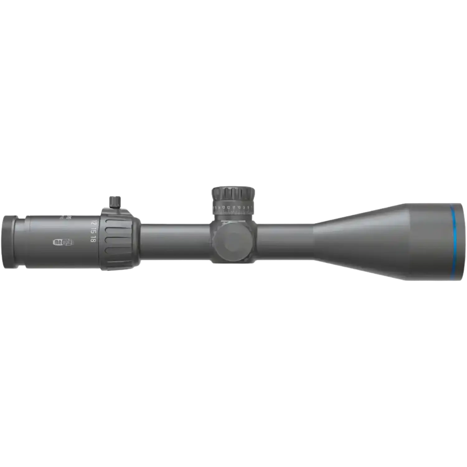 Seitenansicht eines Meopta Meopro R6 3-18x56 SFP RD Zielfernrohrs mit Vergrößerungs- und Einstelltürmen