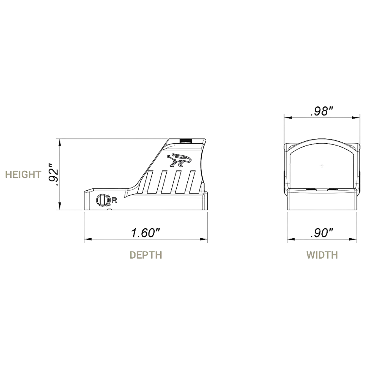 Technische Zeichnung eines roten Mikroskop-Visiers mit den Maßen Höhe: 0,92", Tiefe: 1,60", Breite: 0,90". Sichtbare Beschriftung: 'HEIGHT', 'DEPTH', 'WIDTH'.