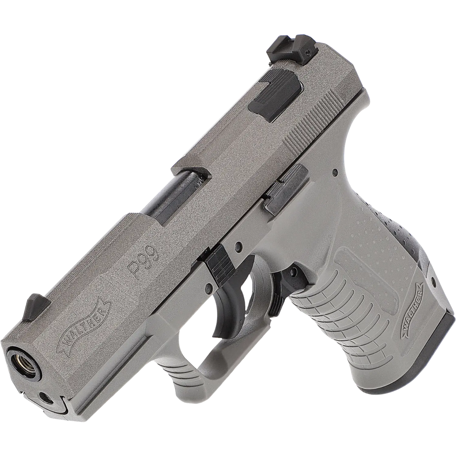 Graue Walther P99 SV Schreckschusswaffe mit Stahlverschluss, 9mm, seitliche Ansicht von oben, sichtbarer Abzug und Griff mit Struktur.