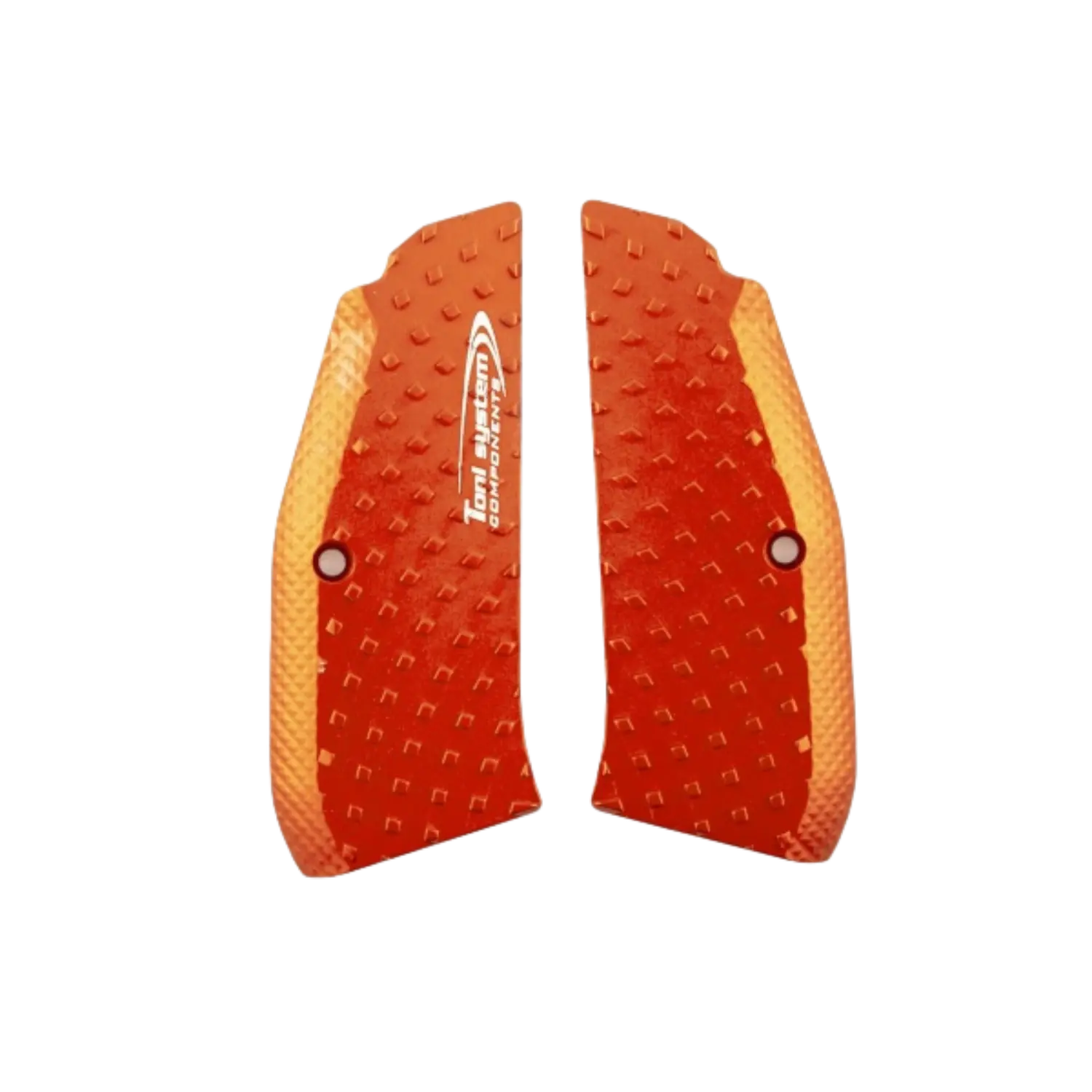 Zwei orangefarbene Griffschalen mit Struktur und weißem Schriftzug