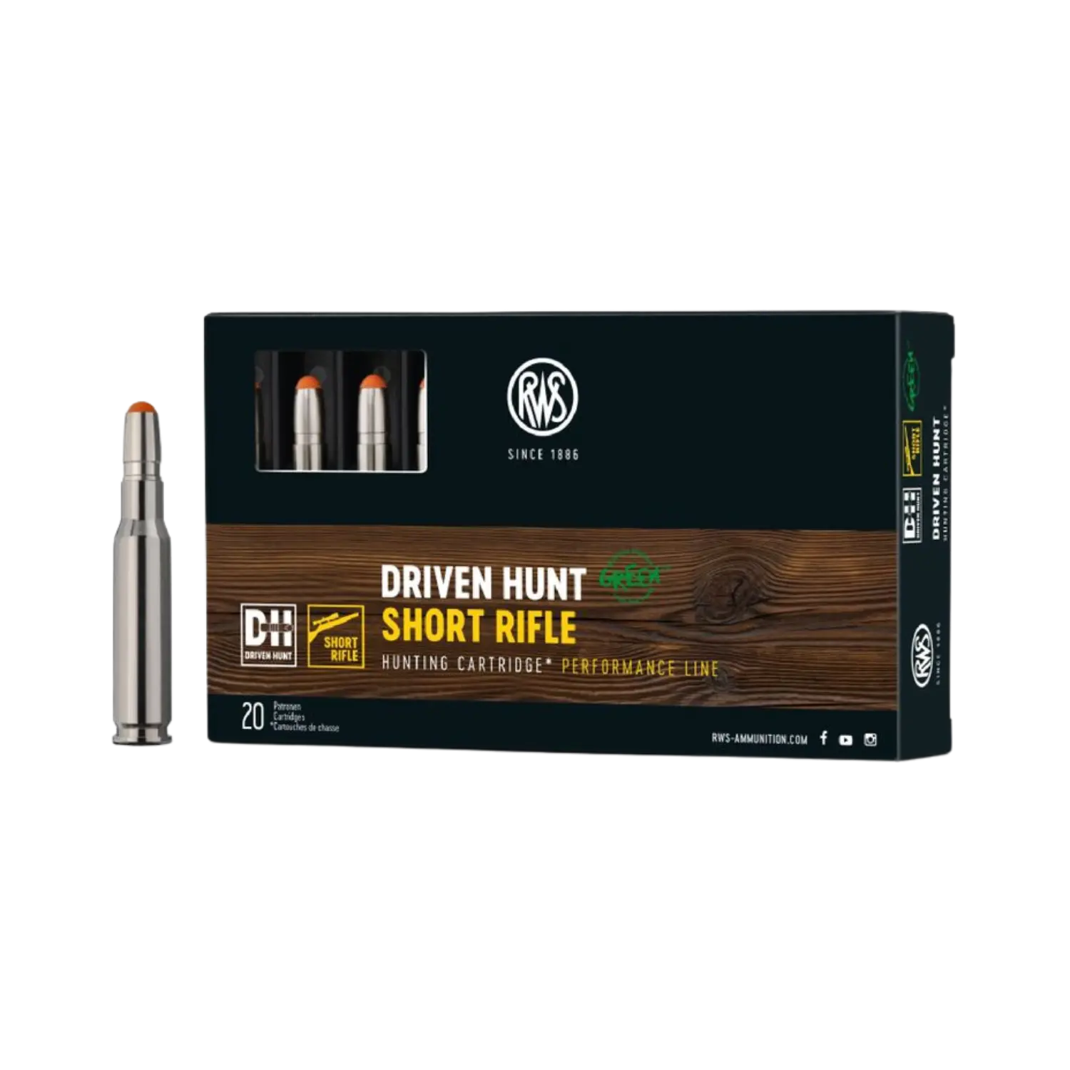 Verpackung von RWS Driven Hunt Short Rifle Munition, zeigt eine Box mit 20 Patronen, zwei Patronen sichtbar, silberne Hülse, orange Spitze.