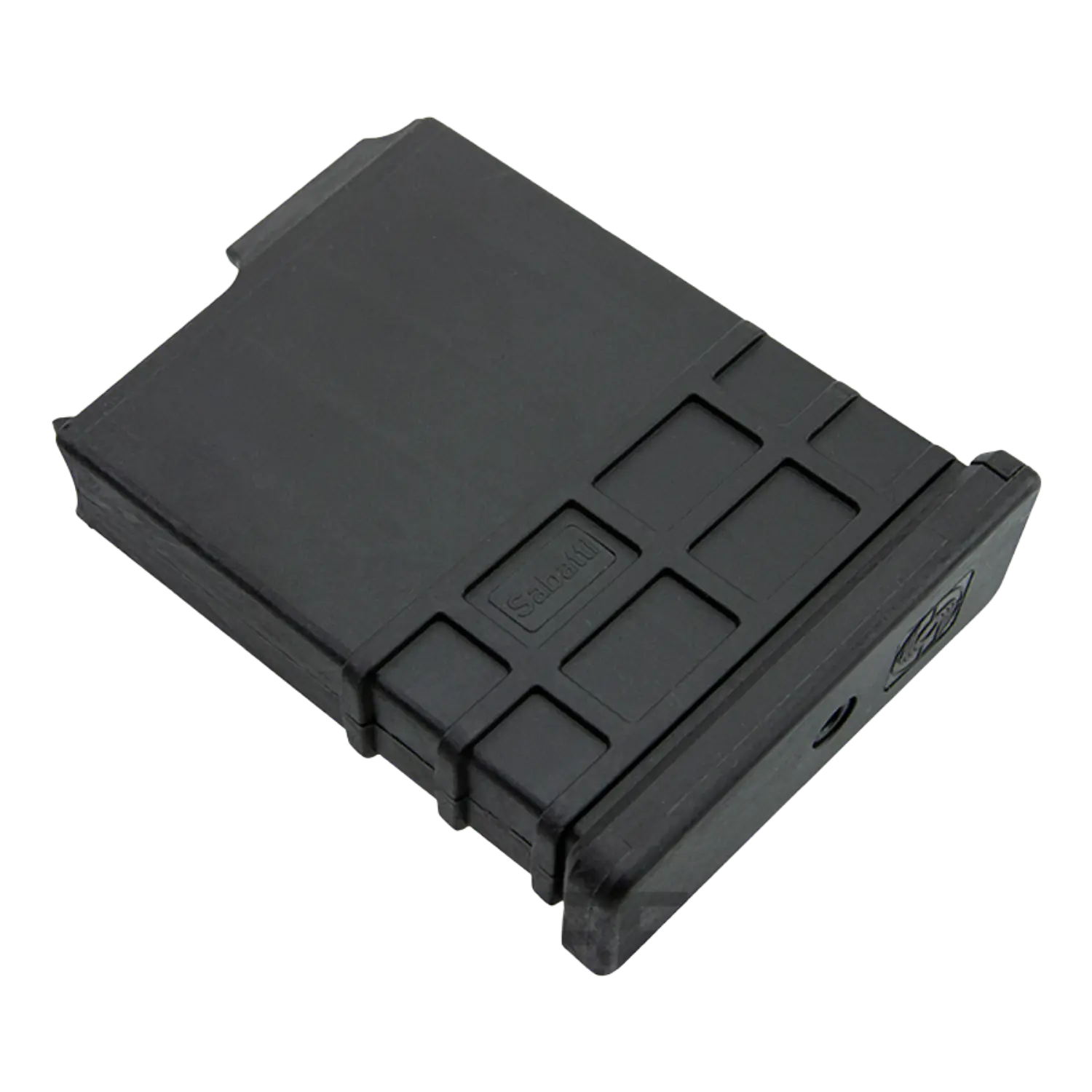 Schwarzfarbiges Magazin für Feuerwaffen mit rechteckiger Form und strukturiertem Griff. Auf der Seite ist das Logo 'SABATTI' sichtbar.