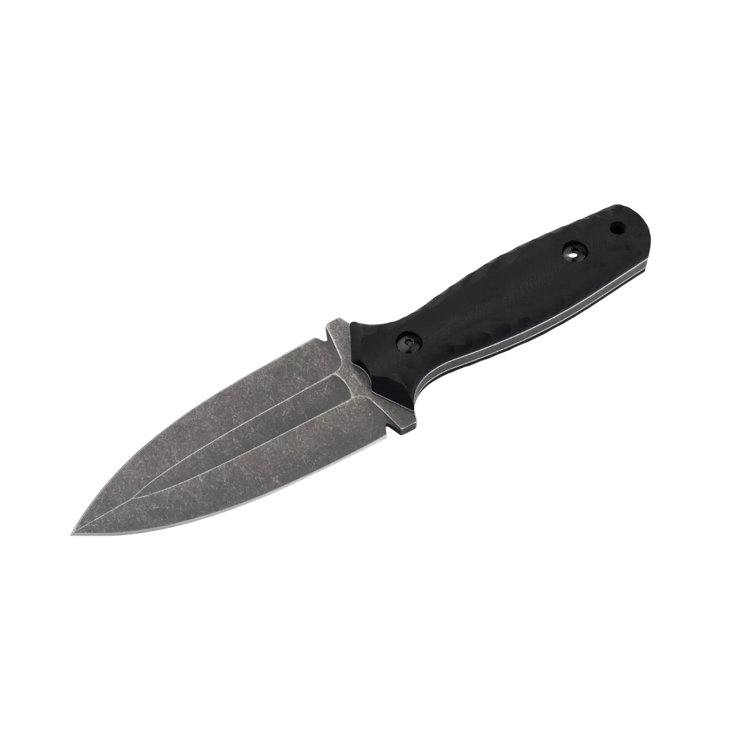 Böker Plus W1 Dolch mit doppelseitiger, spitzer Klinge und schwarzem Griff mit zwei Schrauben. Klingenspitze nach links unten zeigend.