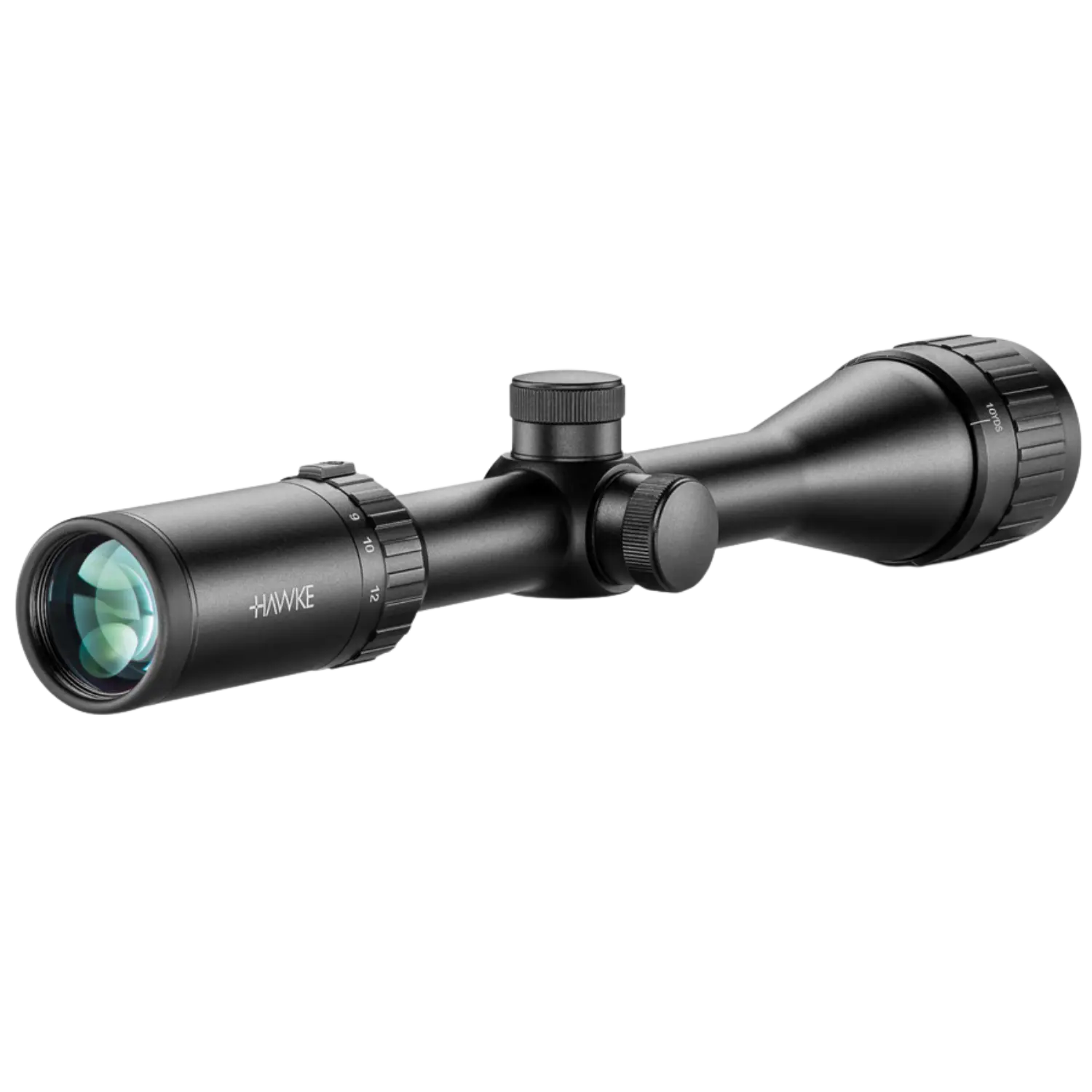 Schwarzes Zielfernrohr Hawke Vantage 4-12x40AO mit verstellbaren Einstellrädern und MilDot-Absehen, seitlich mit Markenname 'HAWKE'.