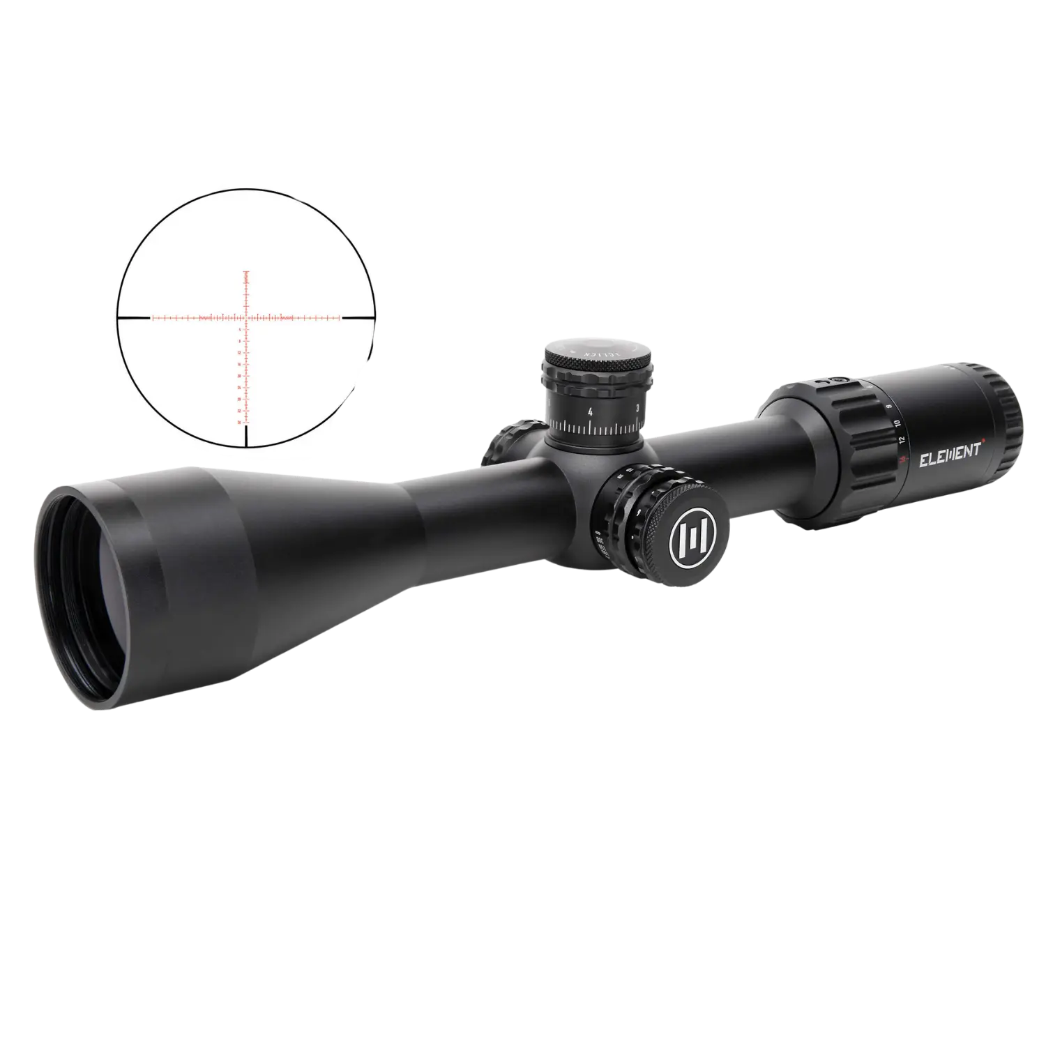 Element Optics Zielfernrohr Helix 2-16x50 APR-1C MOA SFP Schwarz gefärbtes Zielfernrohr mit einem langen, konischen Objektiv und mehreren Einstellrädern. Im linken oberen Bereich ist ein Fadenkreuz abgebildet.