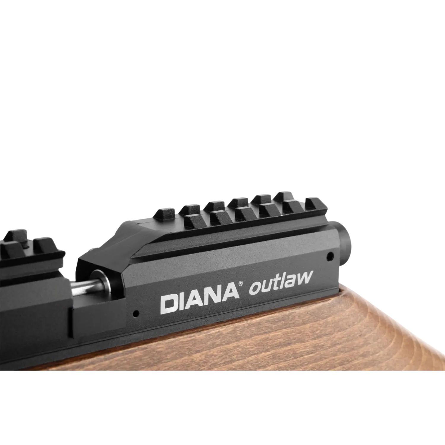 Nahaufnahme des DIANA Outlaw Gewehrs mit schwarzem Montageschienen-System und Holzschaft.