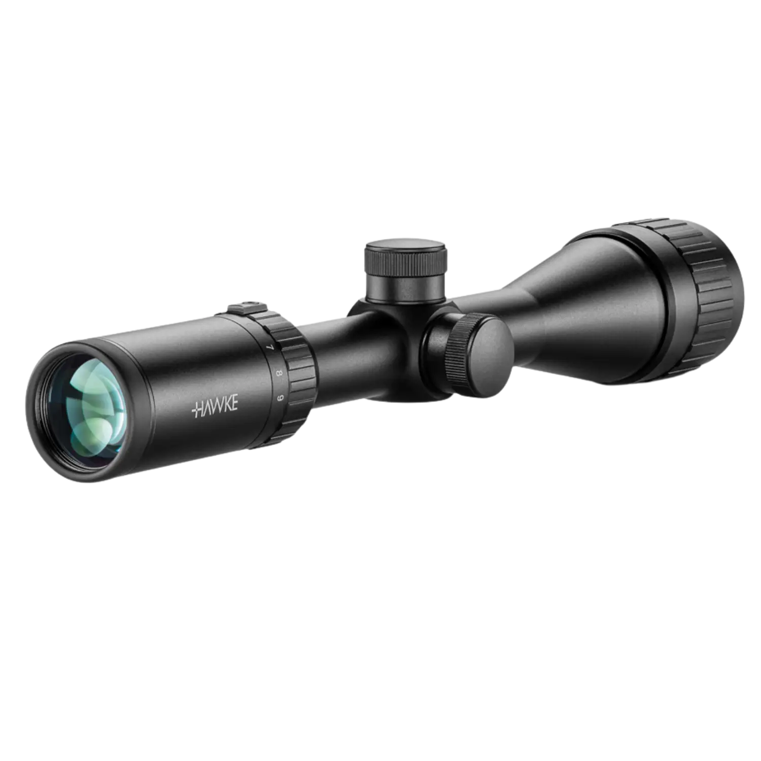 Schwarzfarbige Zielfernrohr von Hawke mit einem Durchmesser von 40 mm und einem 3-9-fachen Zoom. Enthält einen verstellbaren Fokus und eine grüne Leuchtabsehen.