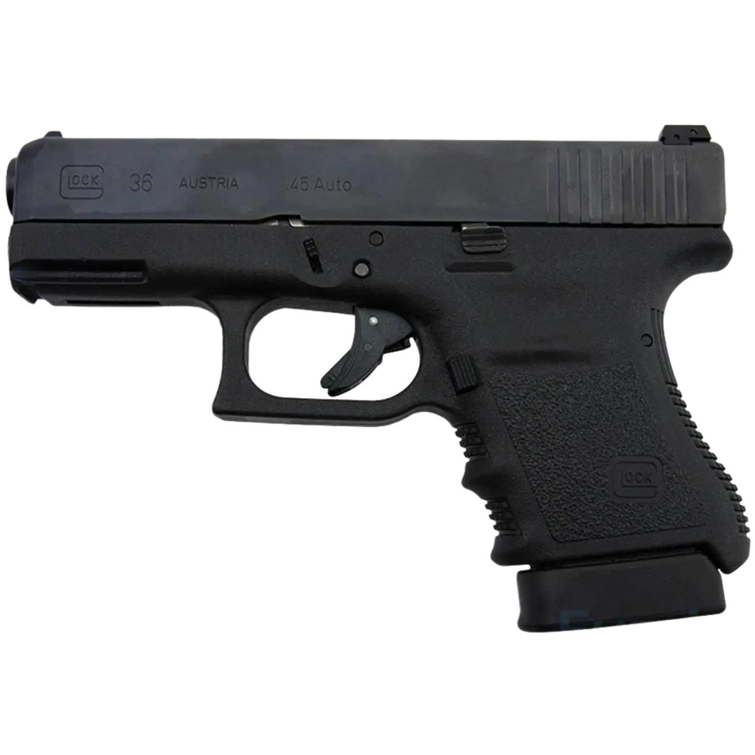 Schwarze Pistole Glock 36 Kaliber .45 Auto mit markanter Griffstruktur und Abzugsbügel
