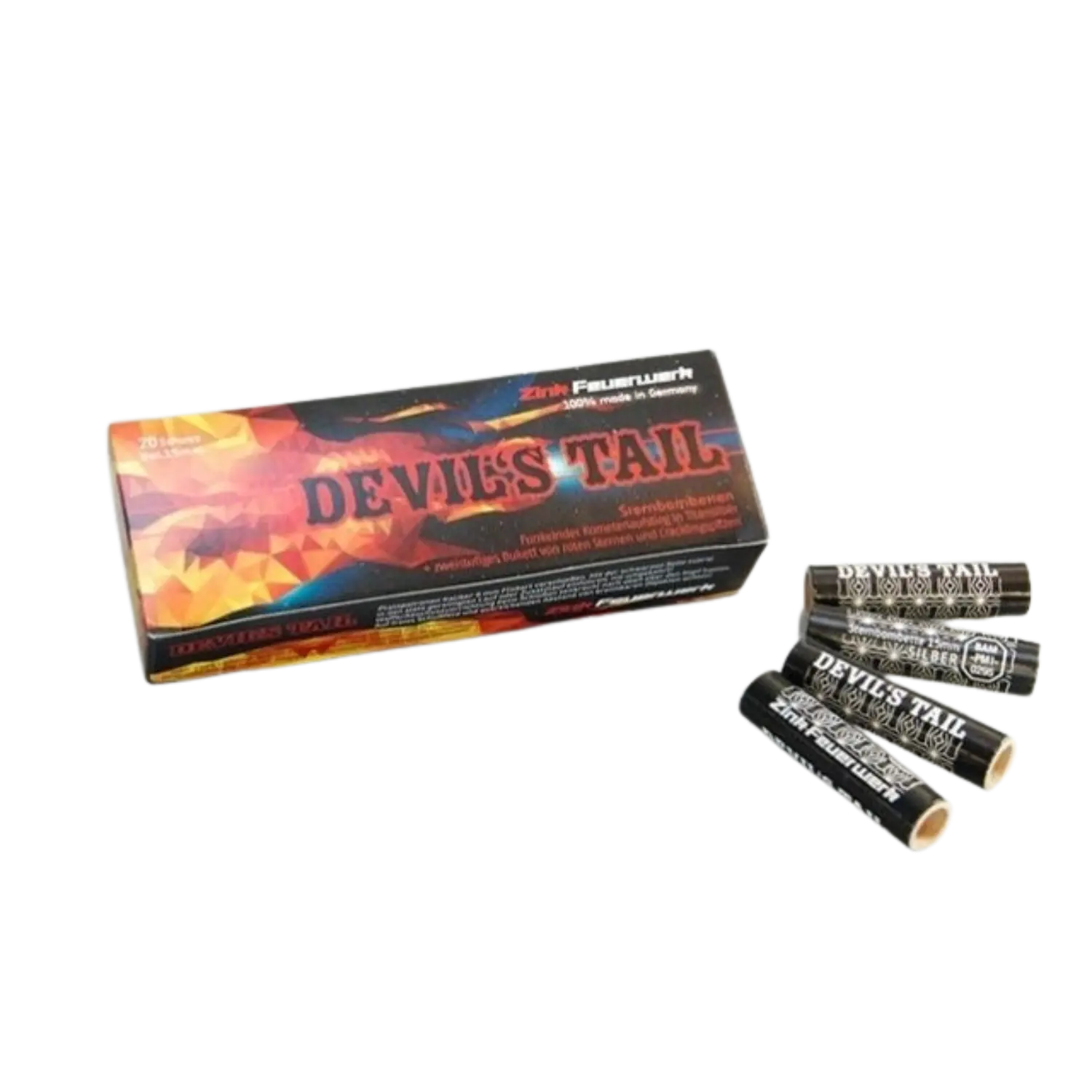 Vier Schwarze Zink Devils Tail Feuerwerkskörper mit weißer Schrift neben einer farbigen Verpackung mit Flammenmotiv und rotem Schriftzug 'DEVILS TAIL'.
