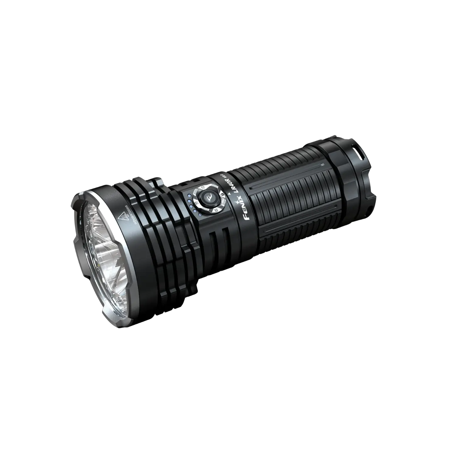 Schwarze Taschenlampe Fenix LR40R V2.0 mit breitem Reflektor, seitlichem Schalter und geriffeltem Griff.
