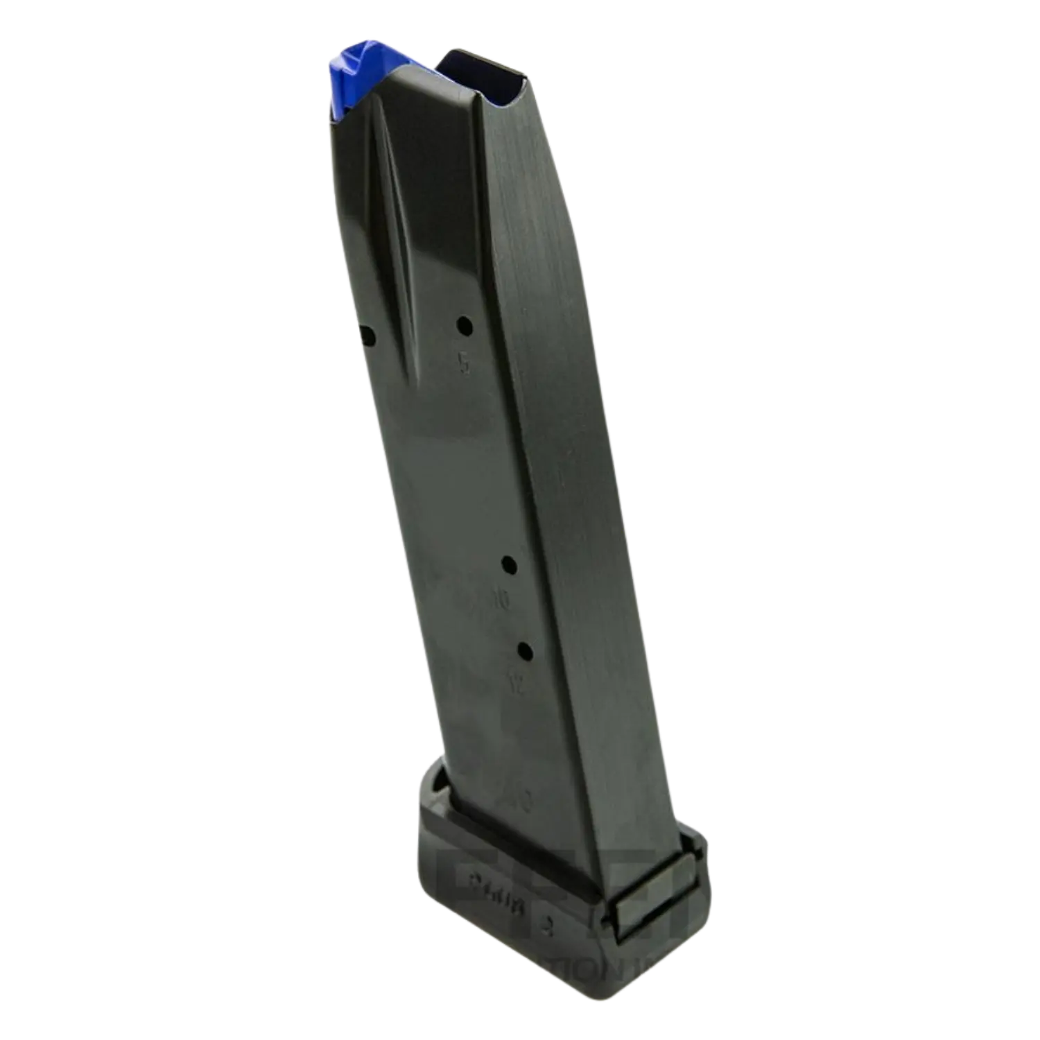 Magazin CZ SP-01 Shadow 1 & 2 Kaliber 9mm Para 19 Schuss Schwarzes Magazin für CZ SP-01 Shadow 1&2, 9mm, mit blauer Kunststoffspitze, seitliche Zählmarkierungen, rechteckige Form.