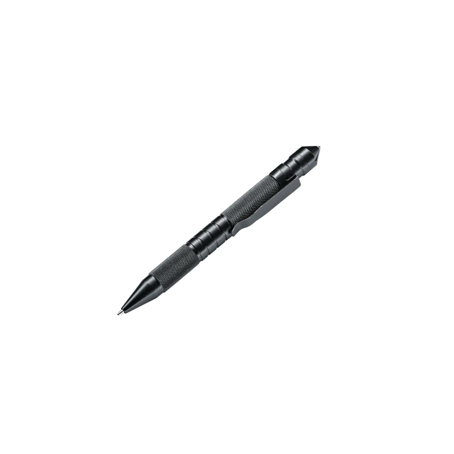 Schwarzer taktischer Stift von Perfecta, mit rutschfester Oberfläche und Clip, in länglicher Form.