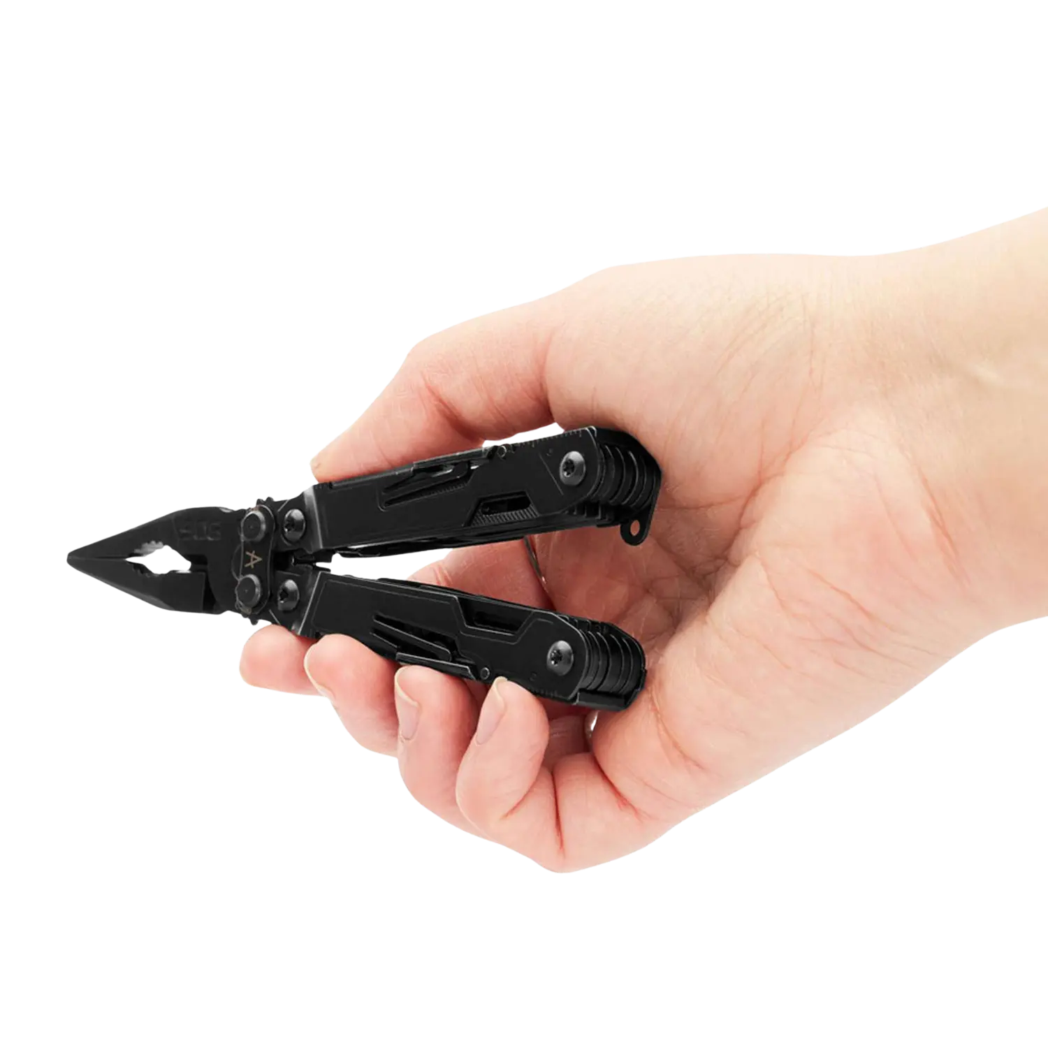 geöffnetes schwarzes Multitool mit Zangenfunktion