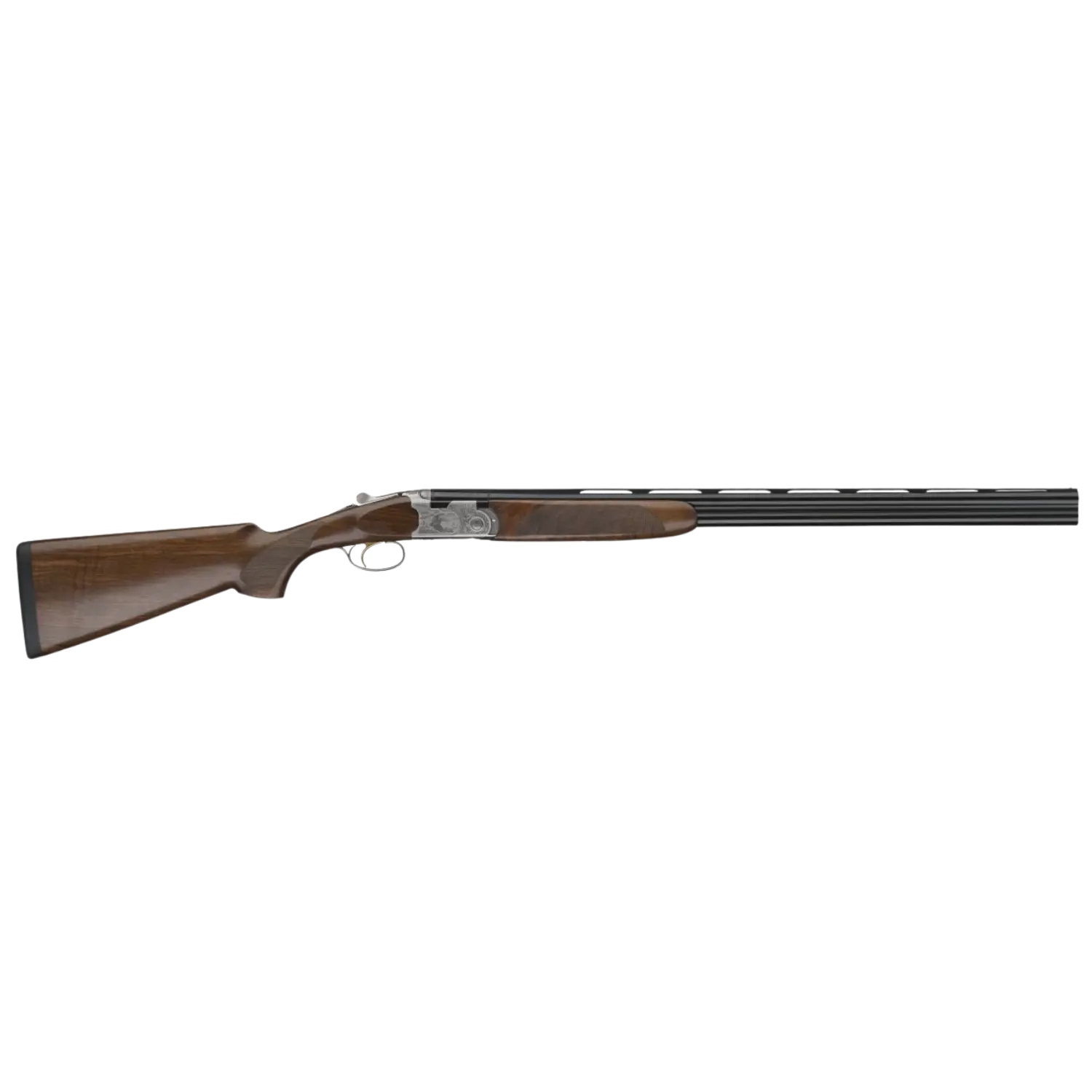 Beretta 687 Silver Pigeon 3 Bockdoppelflinte Kaliber 12/76 Flinte mit Holzschaft, silbernem Verschluss und langem, schwarzem Lauf in Seitenansicht.