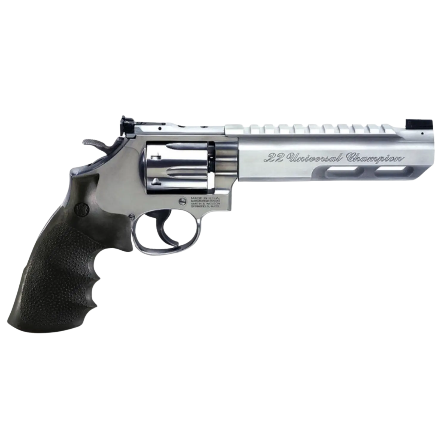 Smith & Wesson Modell 617 Revolver, silberner Metallkörper, schwarze Gummigriffschale, beschriftet mit '22 Universal Champion'.