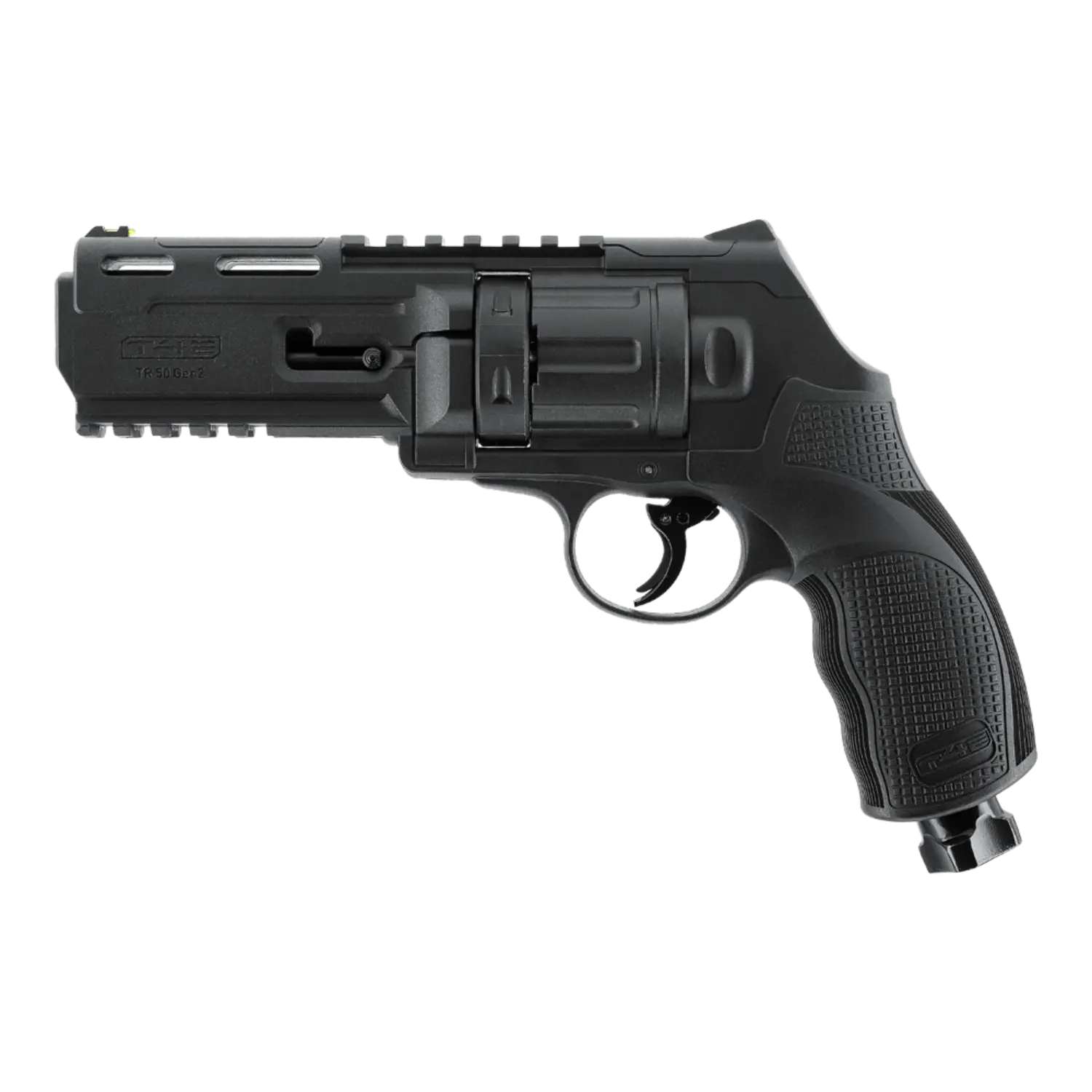 TR50 Home Defense Revolver GEN 2, Kaliber .50, 7 Joule, schwarz, rechte Seitenansicht, mit Picatinny-Schiene und Griffmuster.