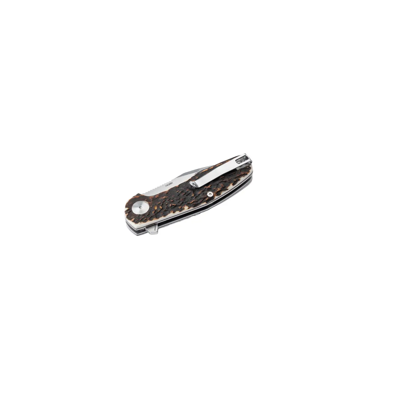 Arbolito Heroina Taschenmesser mit Hirschhorngriff, geschlossen, mit sichtbarem Clip und Metallbeschlägen