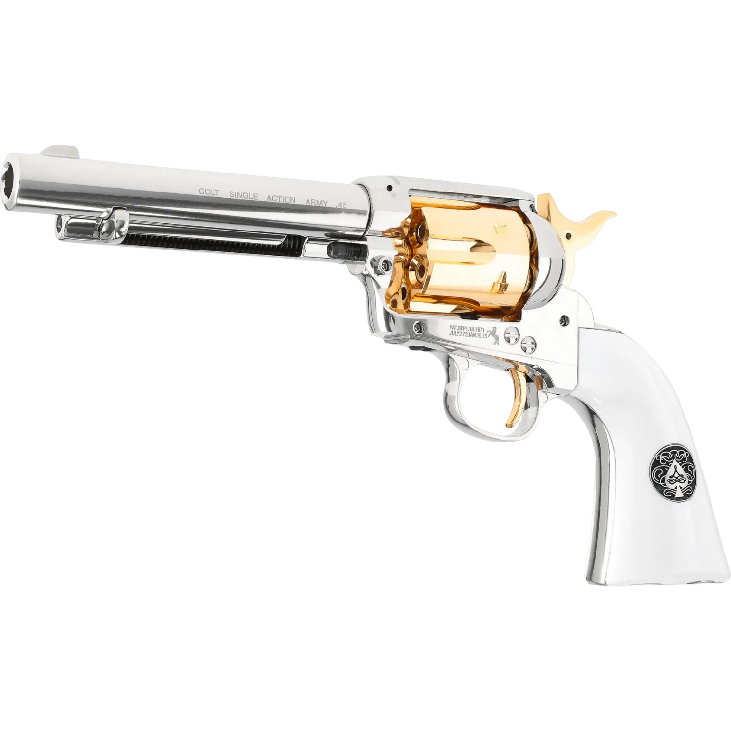 CO2-Revolver mit silbernem Lauf, goldenem Trommelzylinder und weißem Griff mit schwarzem Pik-Ass-Emblem.