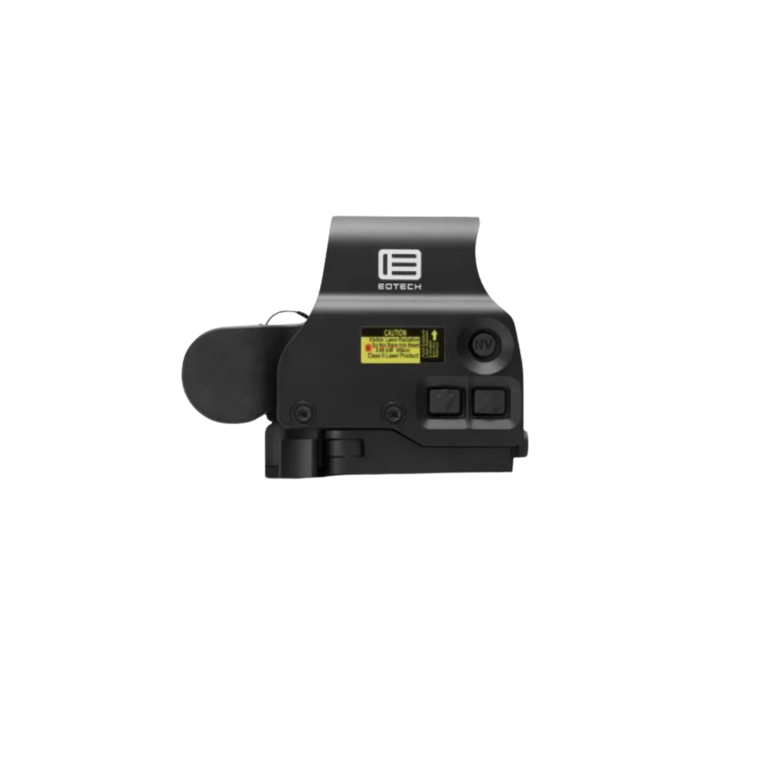 Schwarzes Eotech EXPS3-2 holografisches Zielgerät mit quadratischem Gehäuse, zwei rechteckigen Tasten und gelbem Warnaufkleber.