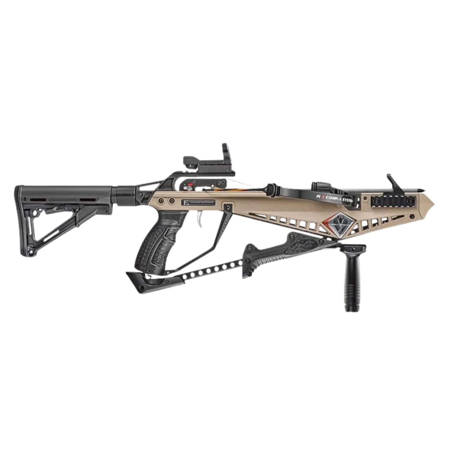 Moderne Armbrust mit schwarzem Schaft, braunem Mittelteil, rotem Zielpunktvisier und vorderem Griff.