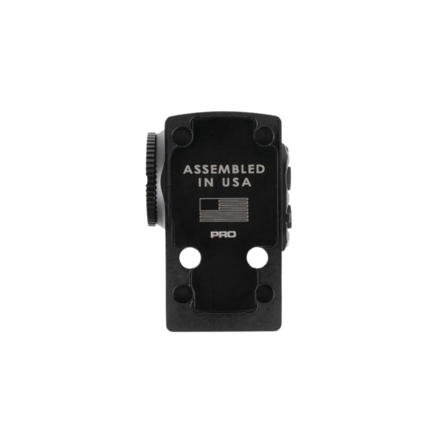 Schwarzes Gehäuse des Sig Sauer Romeo X Pro Red Dot mit der Aufschrift 'ASSEMBLED IN USA' und einer US-Flagge.