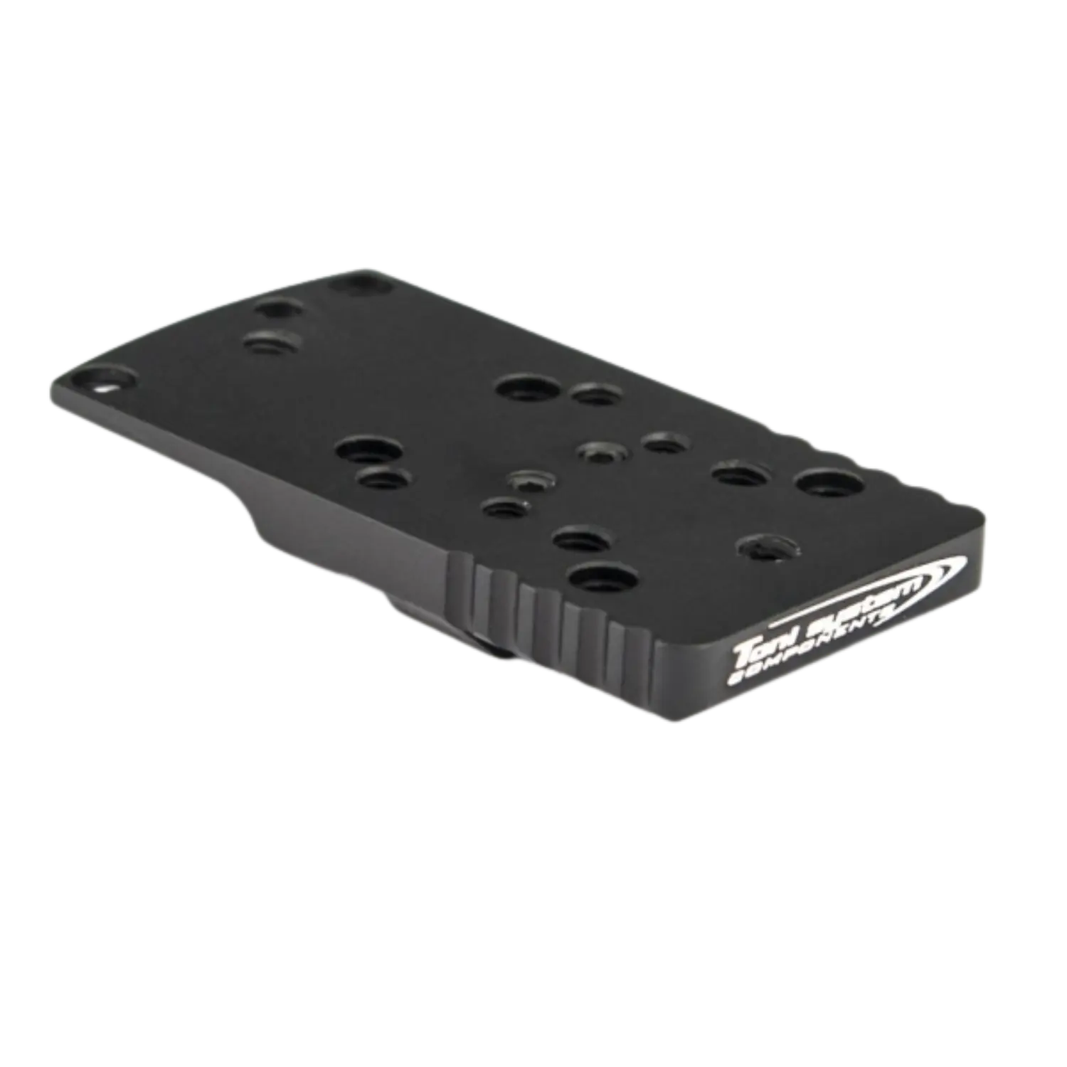 Schwarze Montageplatte mit mehreren Bohrungen, rechteckig mit abgeschrägten Kanten, Aufdruck 'Toni System' an der Seite.