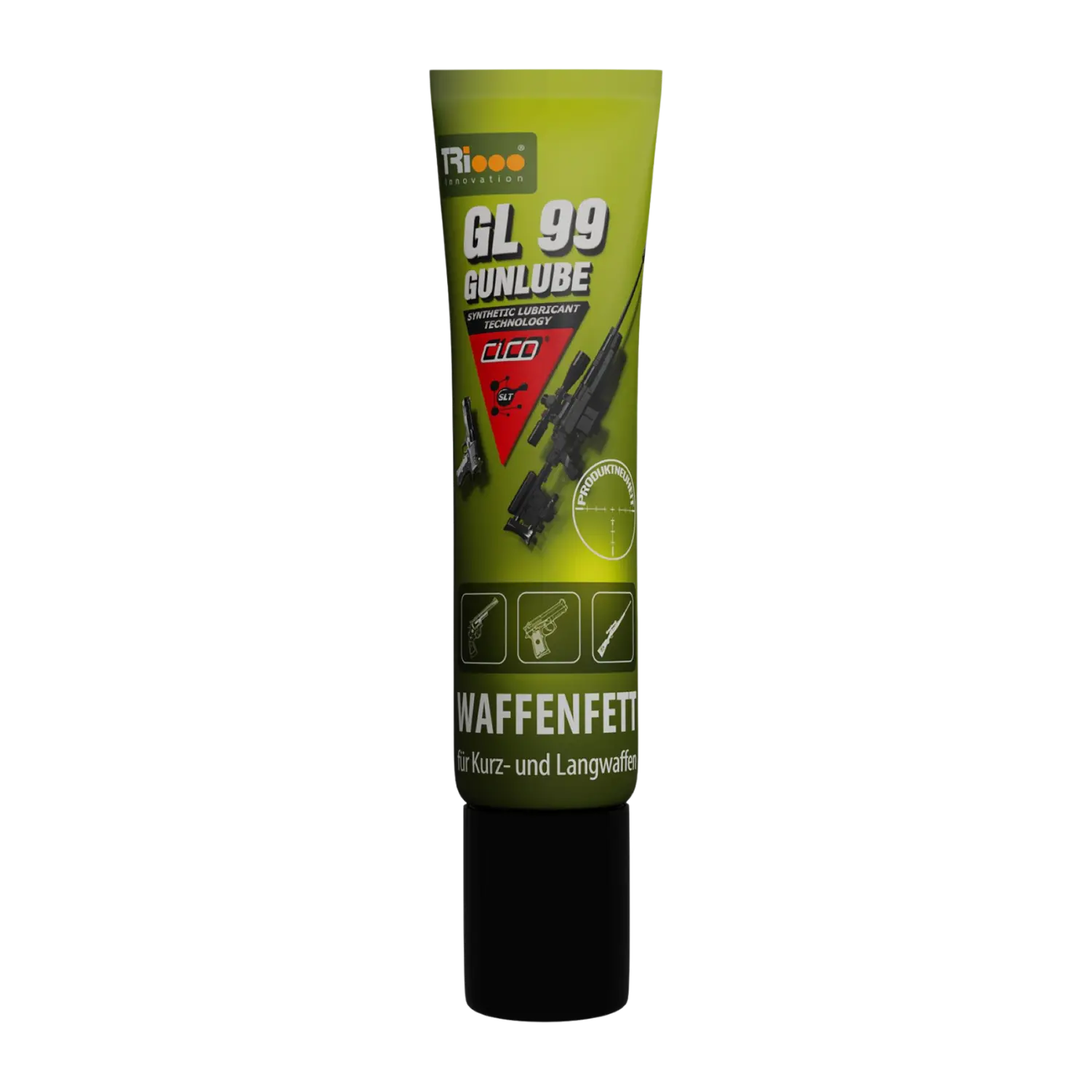 CICO® Gunlube GL 99 40g Waffenfett Grüne Tube mit schwarzem Verschluss, Aufschrift 'GL 99 GUNLOBE', 'WAFFENFETT für Kurz- und Langwaffen', Abbildungen von Waffen.