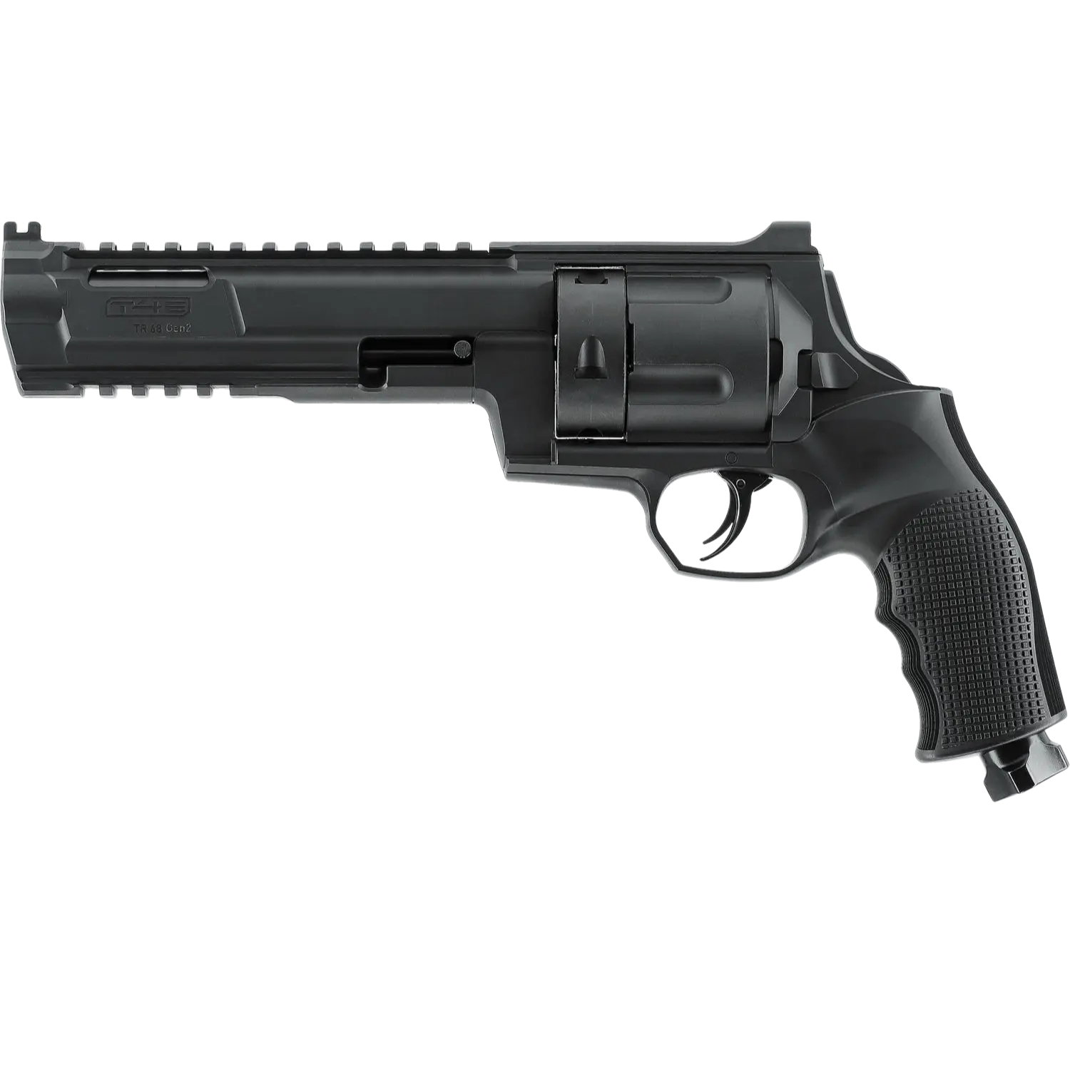 TR68 Tactical Home Defense Revolver Kaliber .68 Gen 2 TR68 Tactical Home Defense Revolver, Kaliber .68 Gen 2, schwarz, rechte Seitenansicht, mit Picatinny-Schiene und strukturiertem Griff.