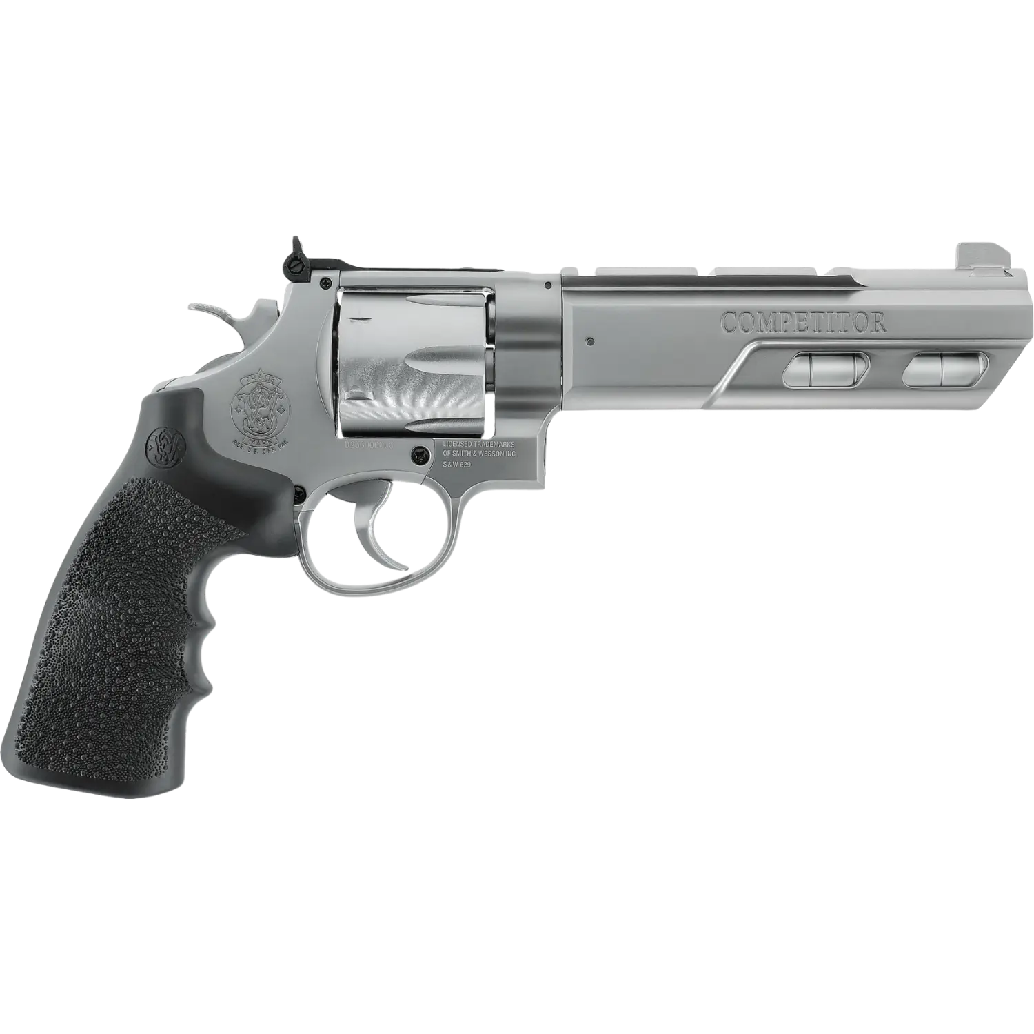 Silberner Revolver mit schwarzem Griff, sichtbarem Trommelzylinder und Gravur '.44 MAGNUM' am Lauf.