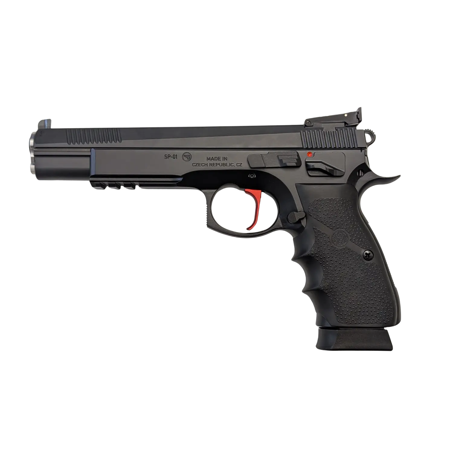 schwarze Kurzwaffe mit silberner kammer und rotem Abzugszüngel  voll brüniert in der Rechtsansicht