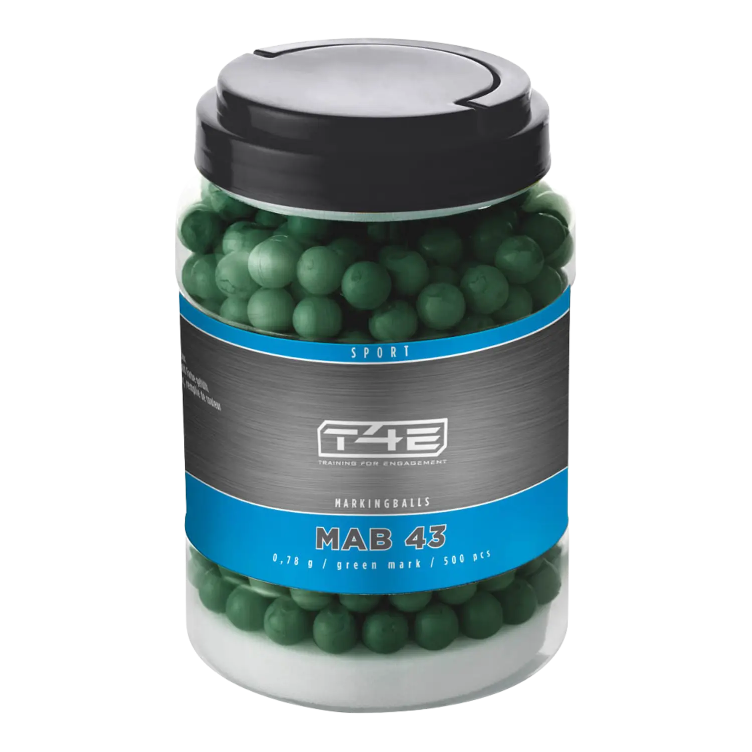 grüne Markingballs für RAM-Waffen Kaliber 43. In einem durchsichtigen Schraubbehälter mit blau schwarzer Banderole