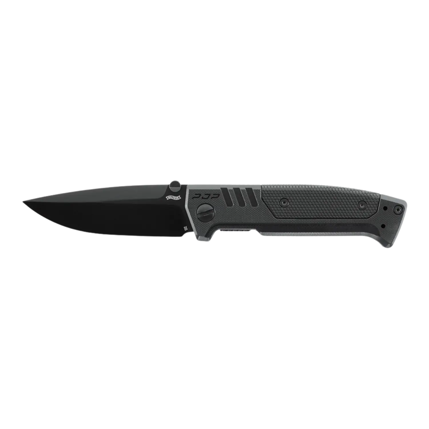 Walther PDP Klappmesser mit schwarzer glatter Klinge und schwarzem Griff strukturierte Griffoberfläche.