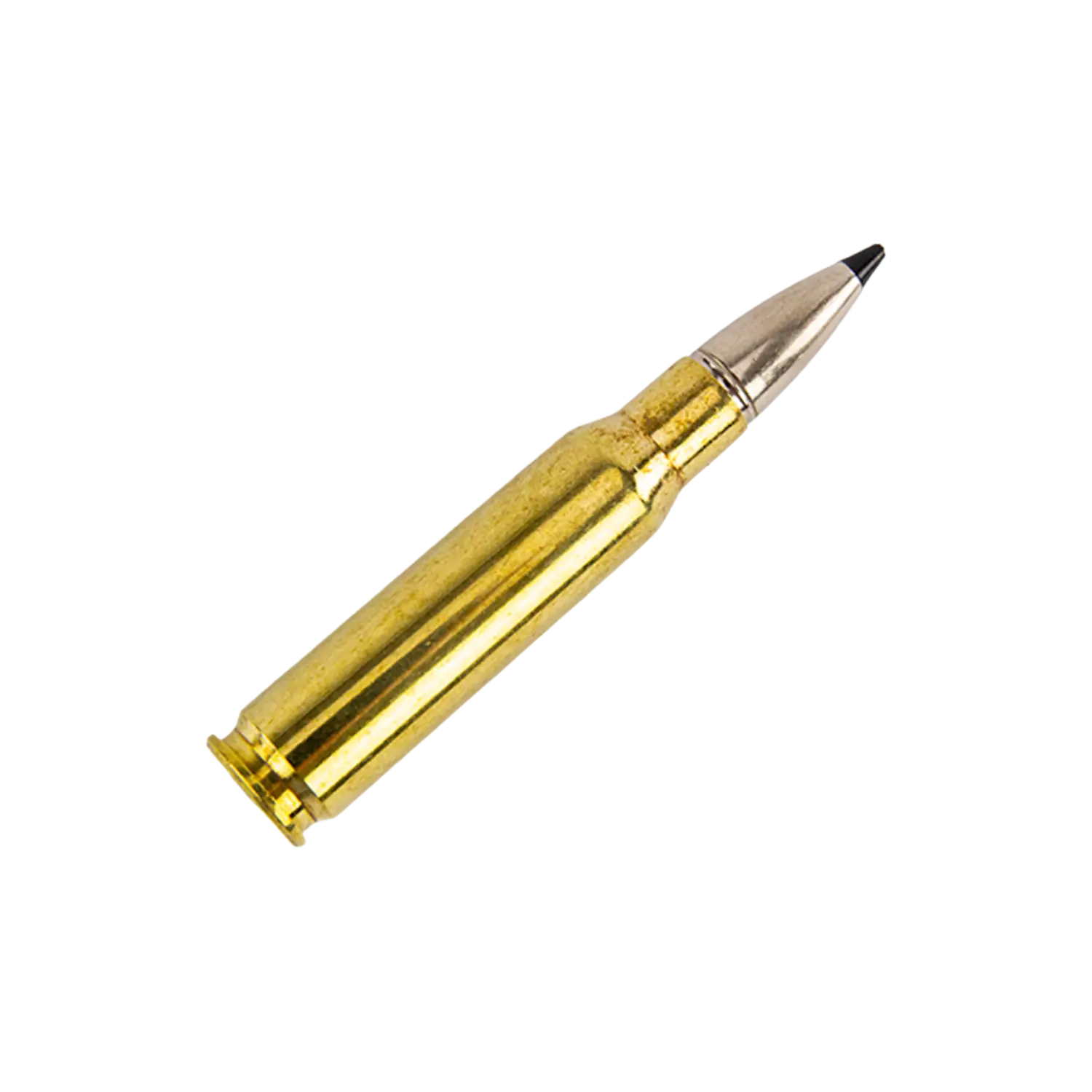 Eine einzelne Patronenhülse mit silberner Spitze, goldfarbenem Gehäuse, spitz zulaufend.