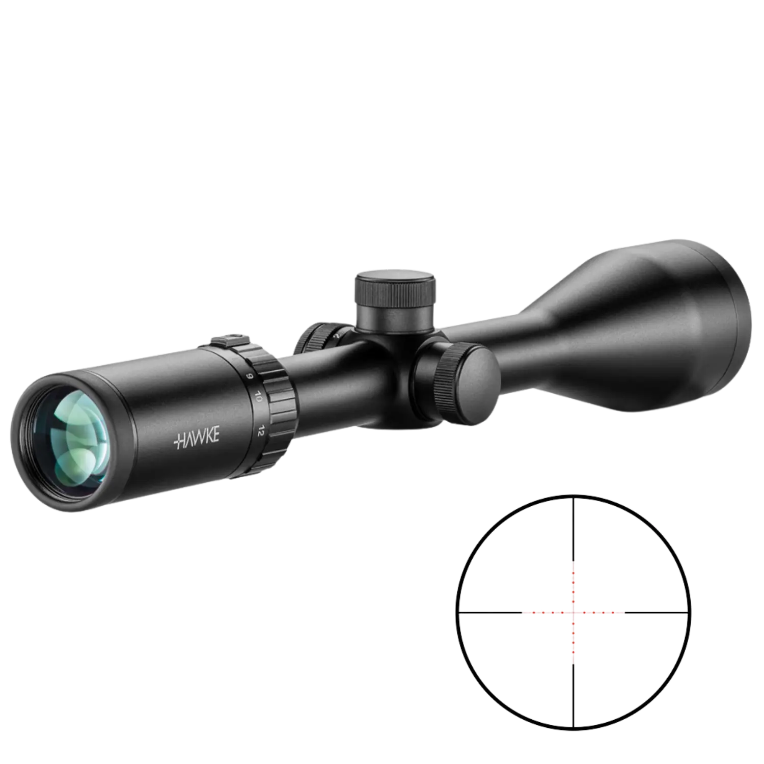 Schwarzes Zielfernrohr mit verstellbaren Ringen und beleuchtetem Fadenkreuz, Marke Hawke, mit Nahaufnahme des Fadenkreuzes.